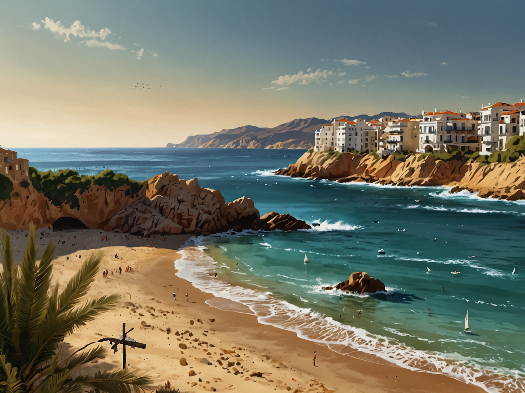 A picturesque beach in Spain with fewer tourists, representing the potential decline in British visitors due to the new EU entry requirements starting in October.