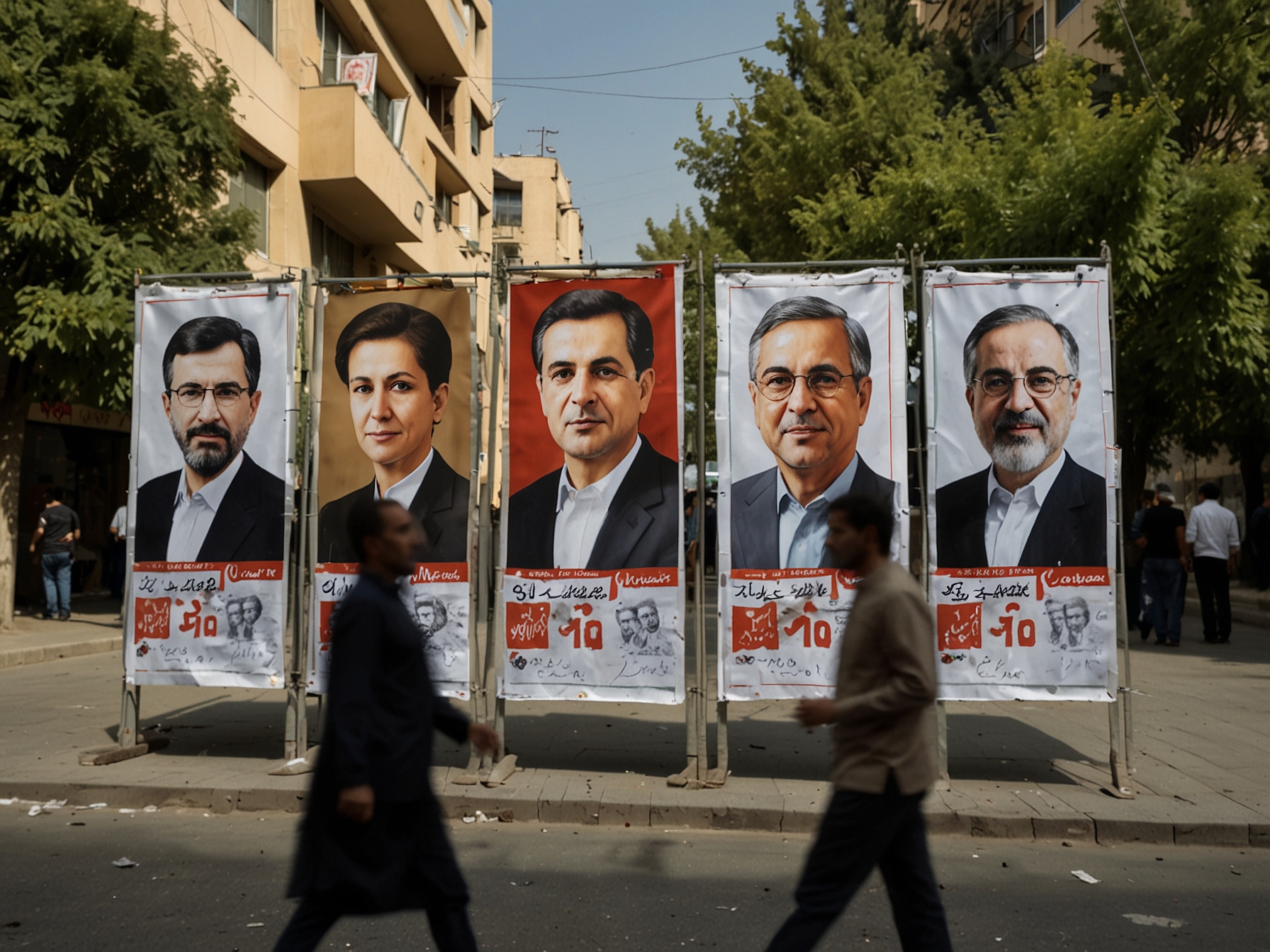 Campaign posters of anti-Western hardliner candidates displayed in a busy Tehran street, symbolizing the shift in political momentum and public sentiment.