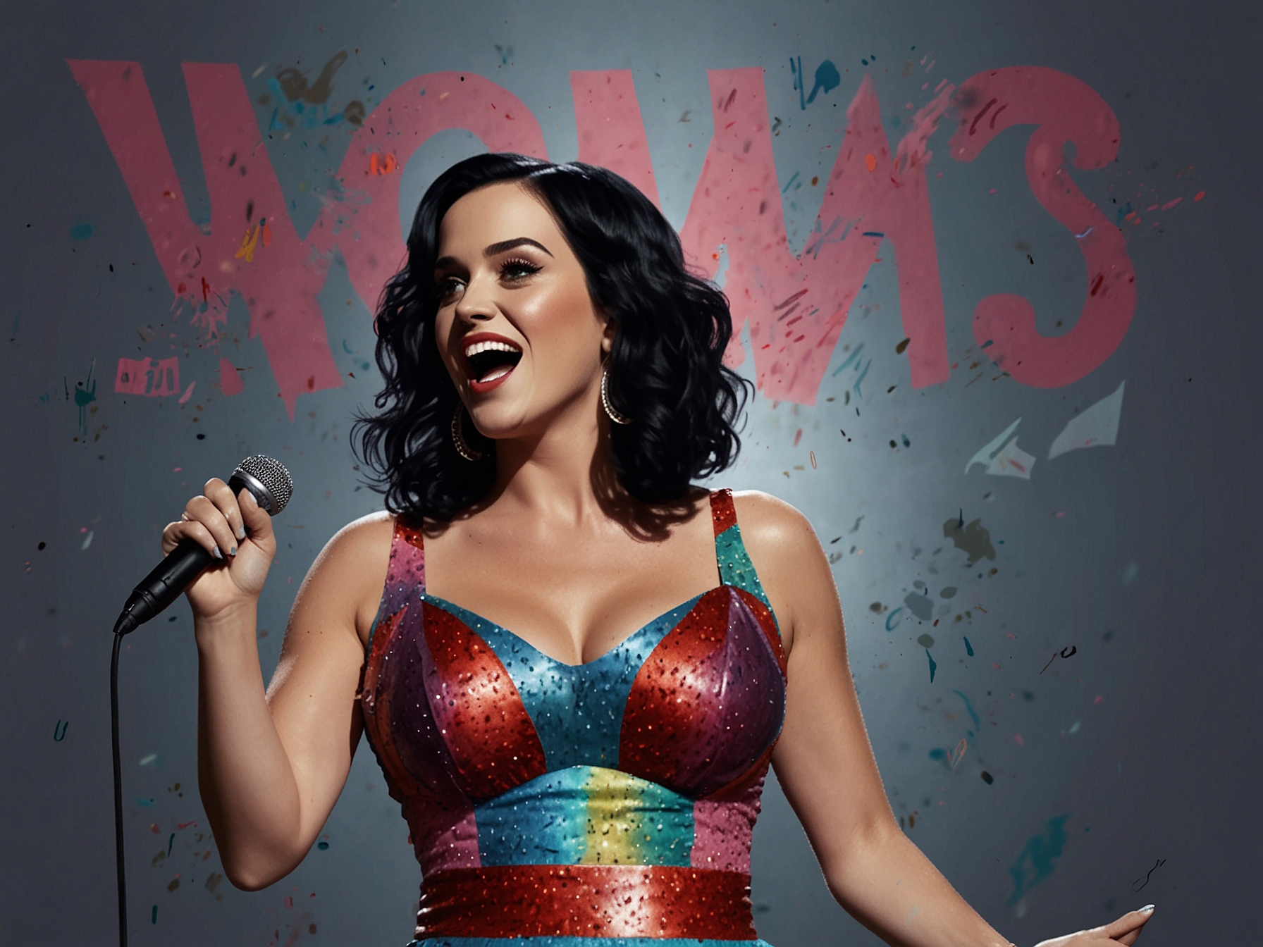 Katy Perry performing on stage, microphone in hand, with a dynamic background showcasing the words 'Woman’s World' in bold, celebrating female empowerment.