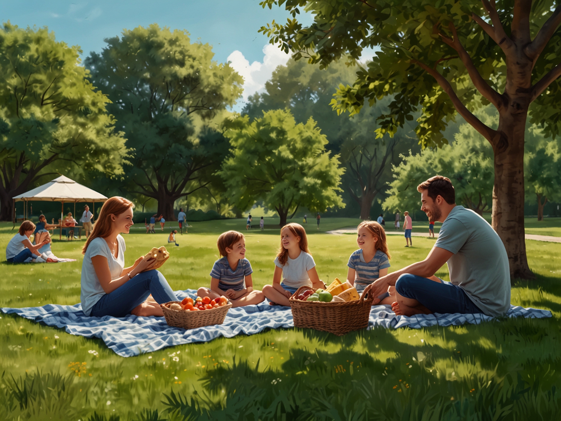 A family enjoying a picnic in a lush green park, with baskets of food, blankets on the ground, and children playing nearby, encapsulating the joy of International Picnic Day.