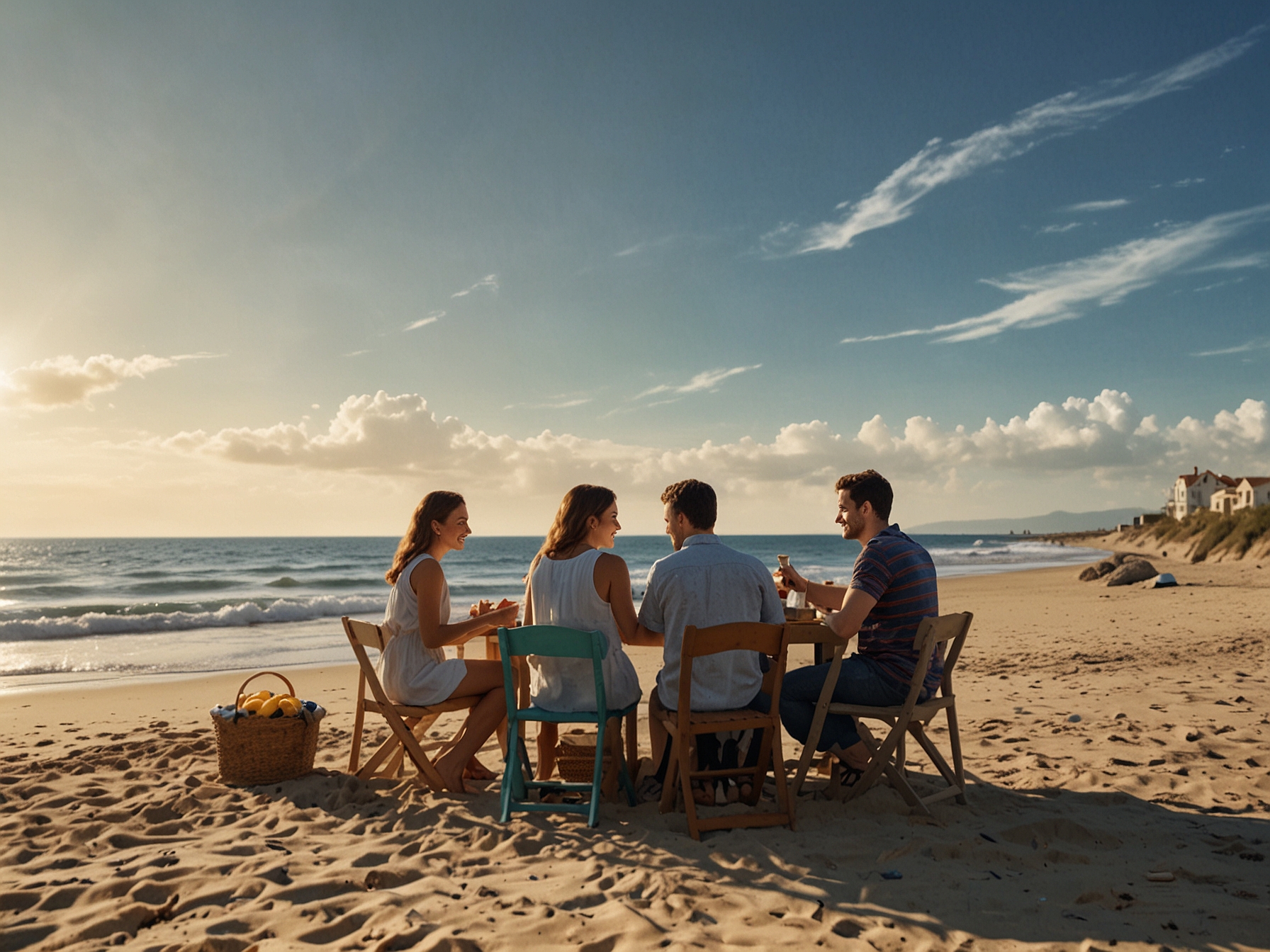A group of friends sharing a meal on the beach under clear blue skies, with picnic baskets, snacks, and a backdrop of the ocean, illustrating the spirit of community and relaxation.