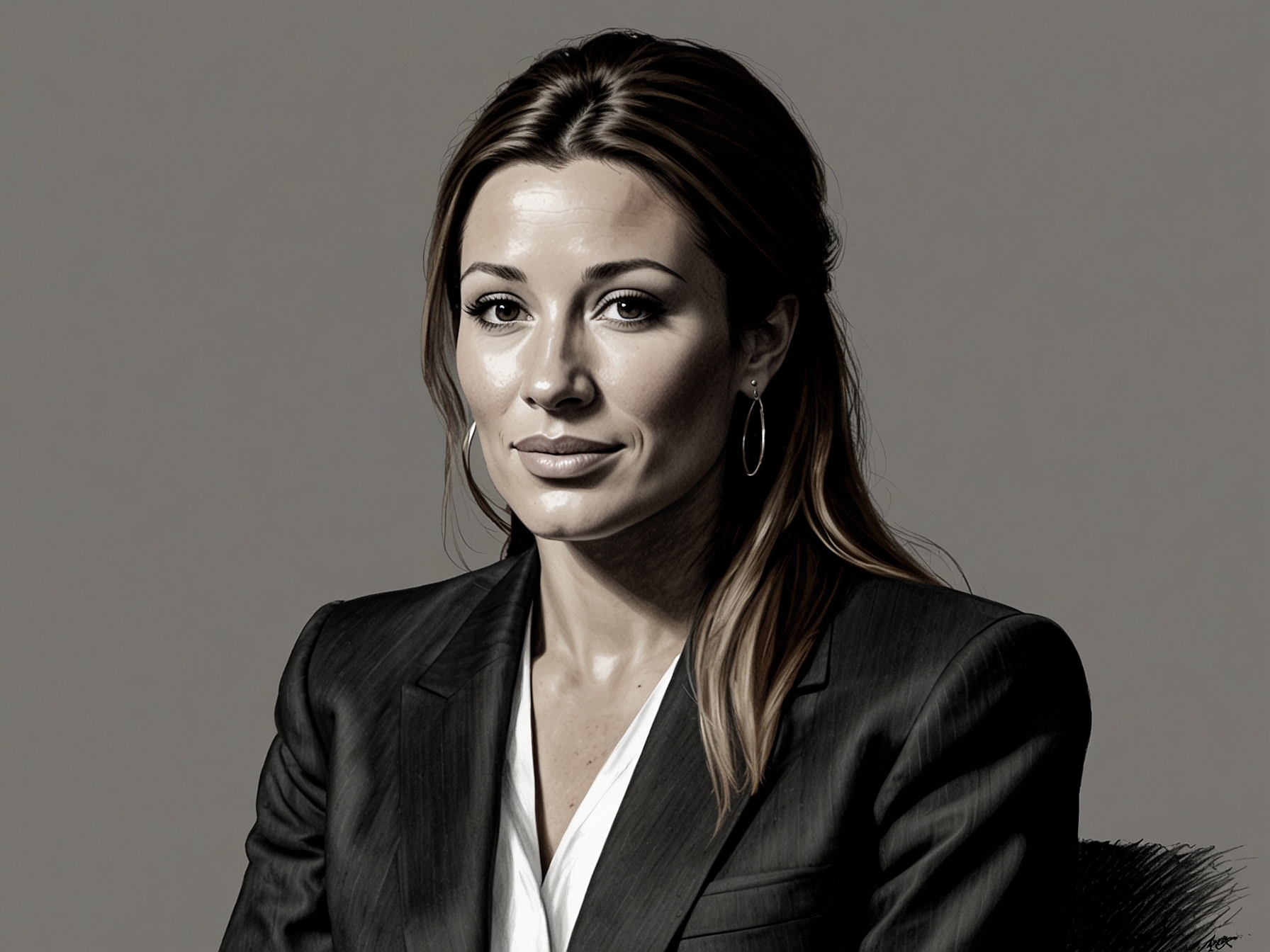 Rebecca Loos in an interview setting, discussing her professional relationship with David Beckham and the alleged affair that sent shockwaves through the media.