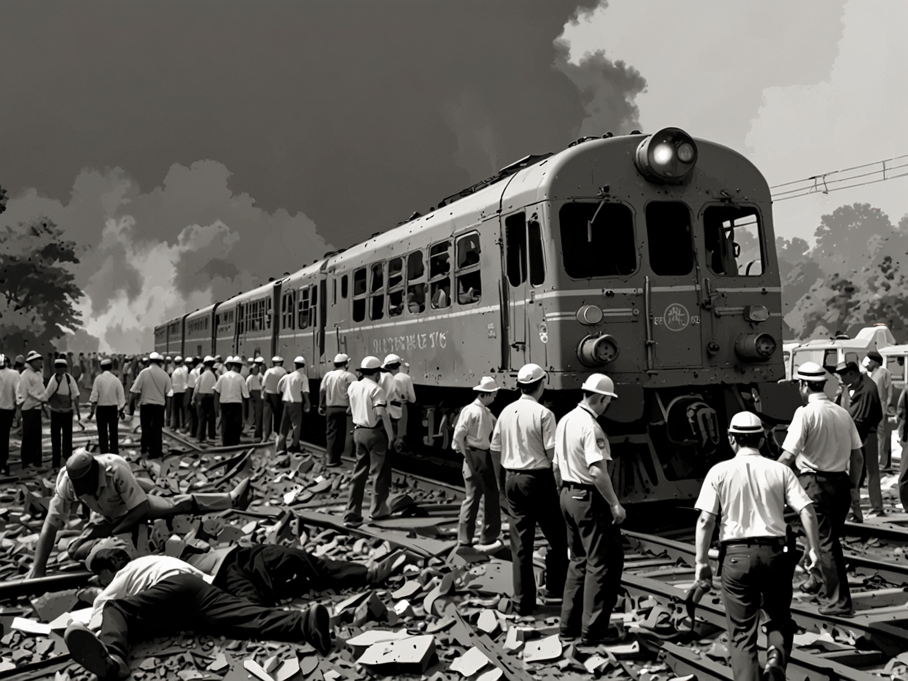 Emergency rescue workers assist injured passengers at the site of the collision between the goods train and the Kanchenjunga Express, depicting the chaos and damage caused by the impact.
