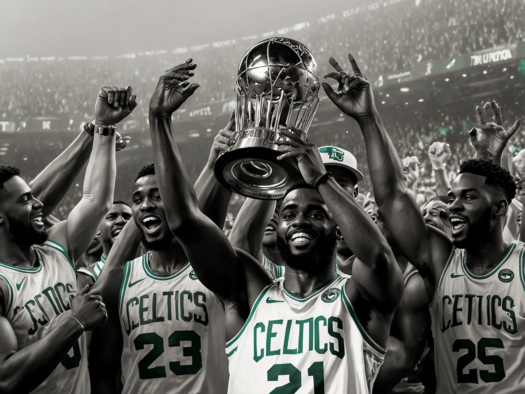 Jaylen Brown holding the NBA Finals MVP trophy, surrounded by teammates celebrating the Boston Celtics' first championship win since 2008 after defeating the Dallas Mavericks.
