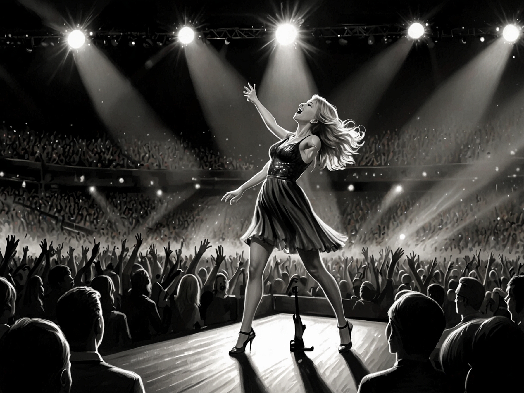 Taylor Swift performing on stage, capturing the excitement and energy of The Eras Tour, with thousands of fans in the audience.