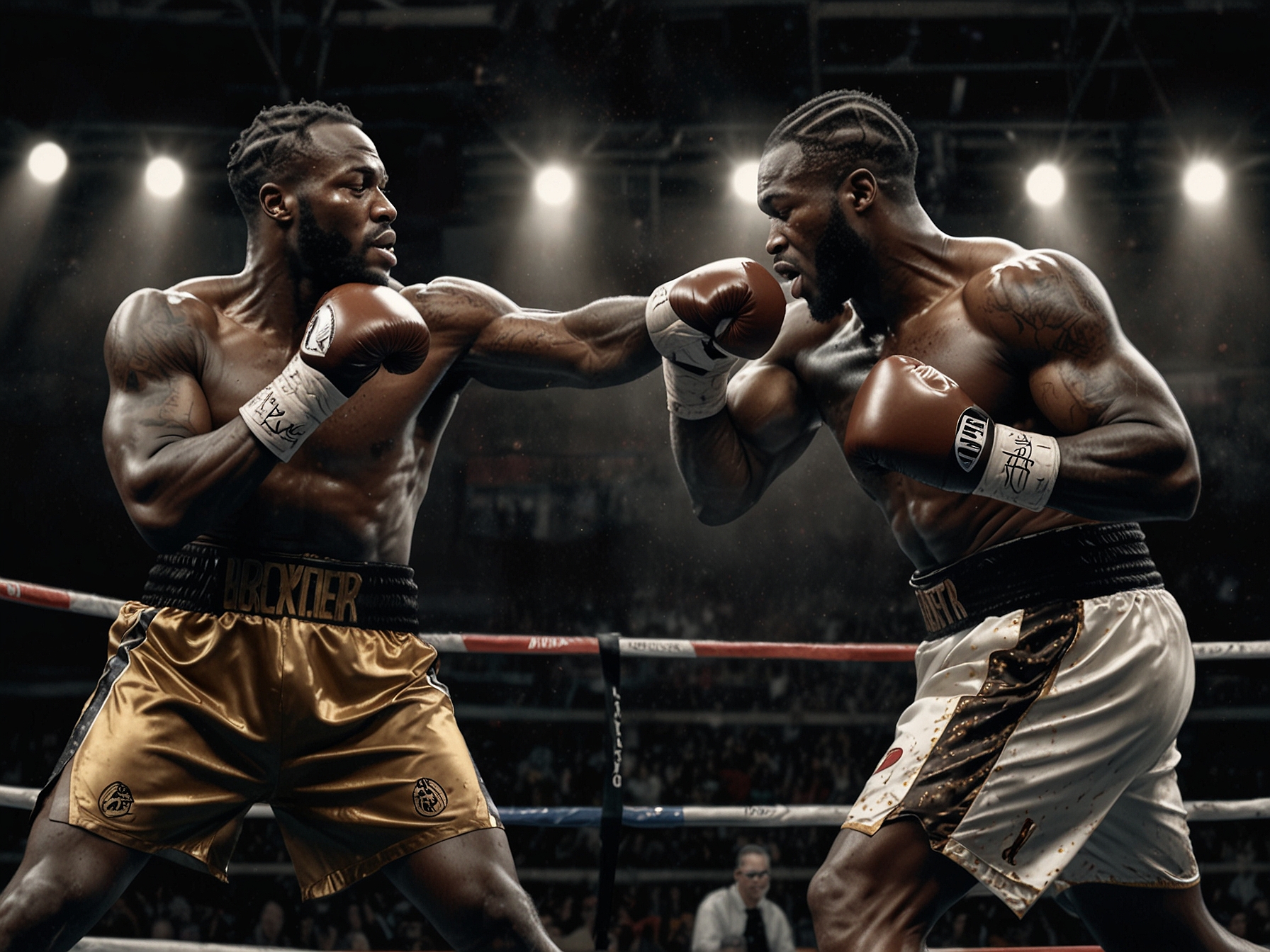 An intense moment in the boxing ring where Deontay Wilder, 'The Bronze Bomber,' struggles during his latest fight, as his opponent capitalizes on his predictable fighting style.