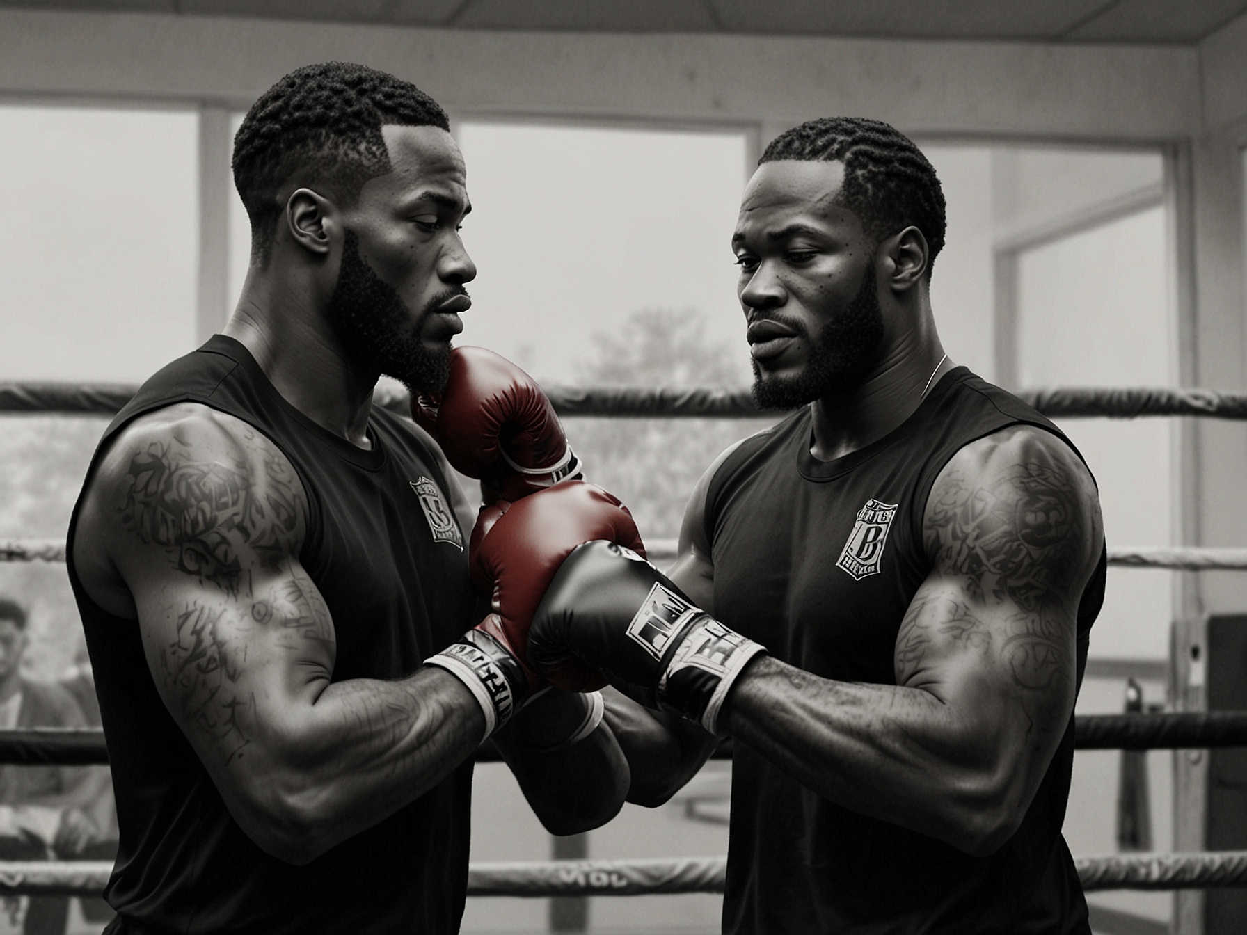 A candid shot of Malik Scott in a training session with Deontay Wilder, emphasizing the coach's frustration with Wilder's reluctance to adopt a more versatile fighting technique.