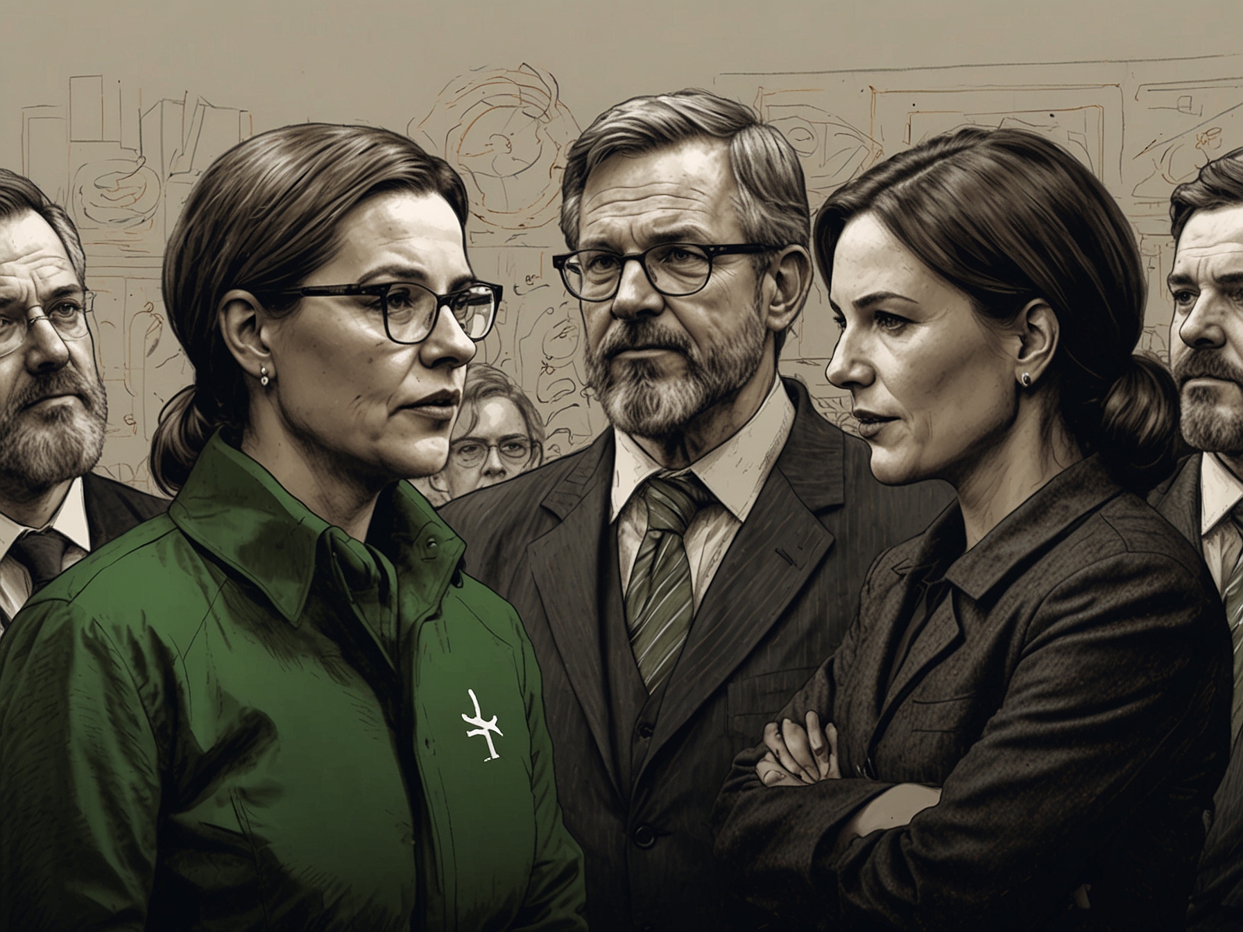 Illustration of Sinn Féin leaders discussing coalition strategies, emphasizing unity and collaboration within the left-wing movement to challenge the status quo.