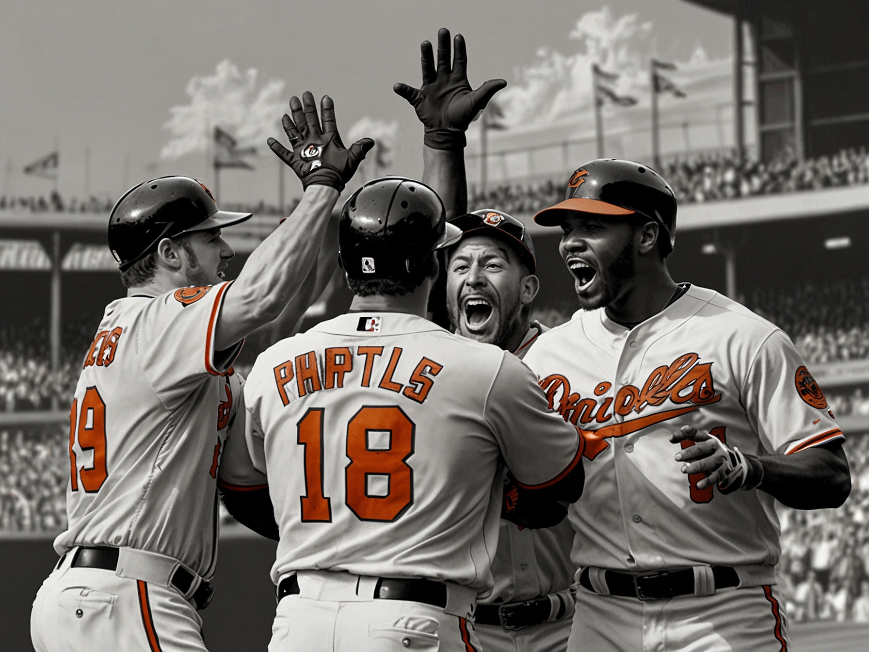 Orioles players celebrate their series-clinching victory against the Phillies, highlighting their explosive offensive and solid defensive performances.