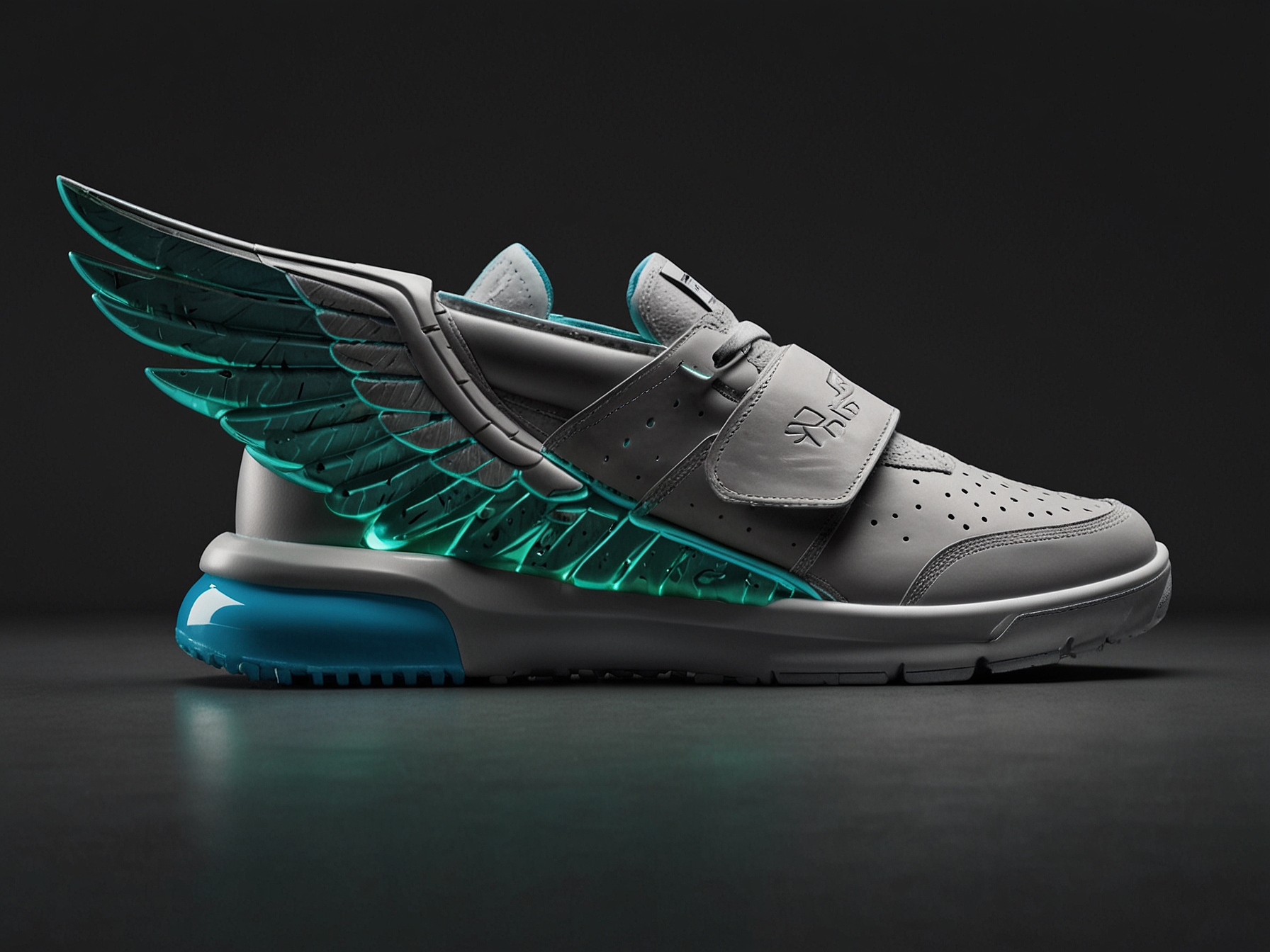A sleek display of the RX MOC and RX SLIDE sneakers featuring wing-like designs, with the RX MOC in grey and green tones, while the SLIDE features a light blue scheme, reflecting elegance and calmness.