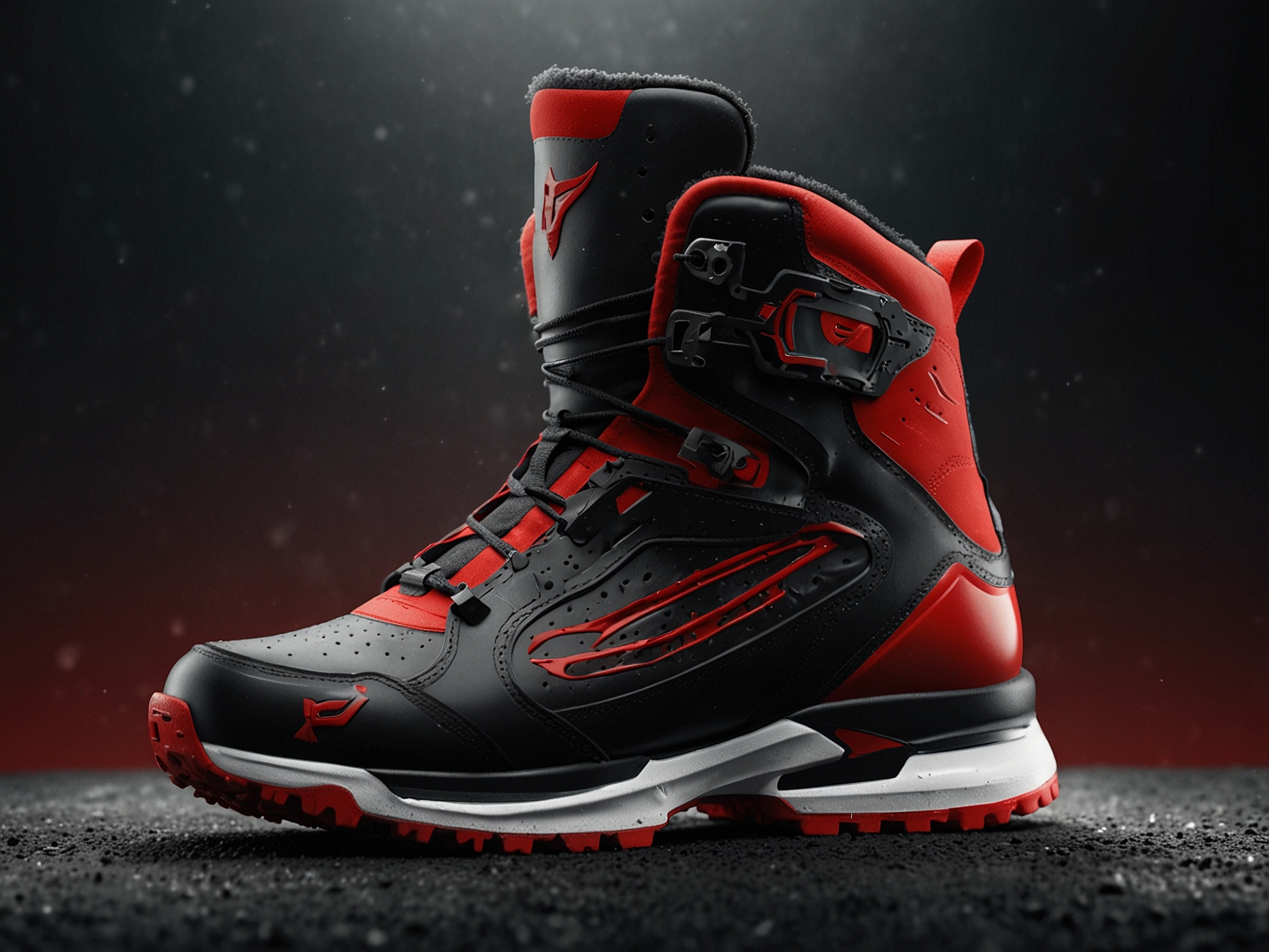 The SNOWCROSS sneaker, with exaggerated ankle and wing accents, shown in striking black and red colorways. The foreground highlights the XT-6, available in high-top and low-top versions, showcasing deconstructed uppers with leather, zippers, and button details.