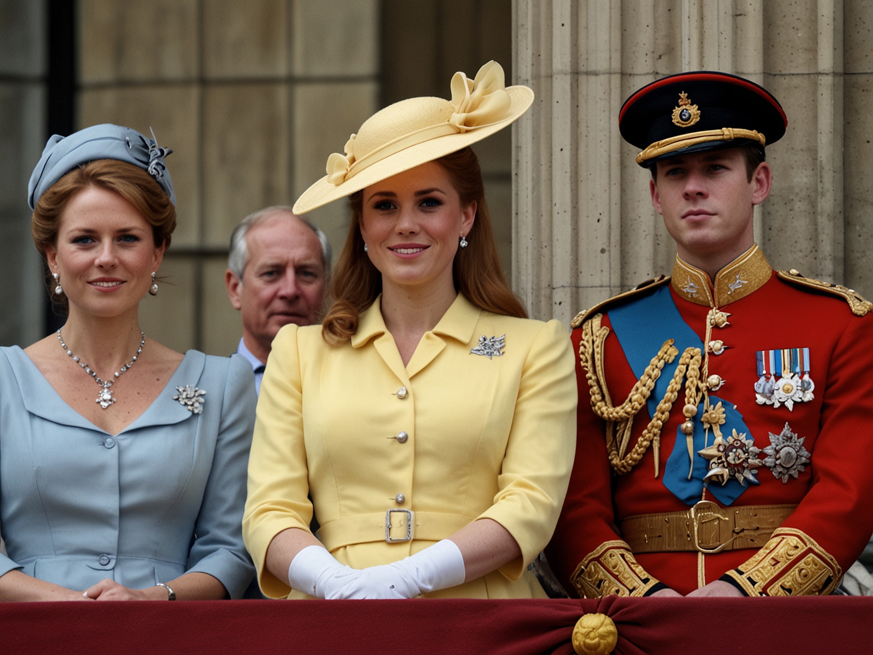 Buckingham Palace balcony during Trooping the Colour with working members of the royal family, highlighting the absence of Prince Harry, Prince Andrew, and Duchess Sarah Ferguson.