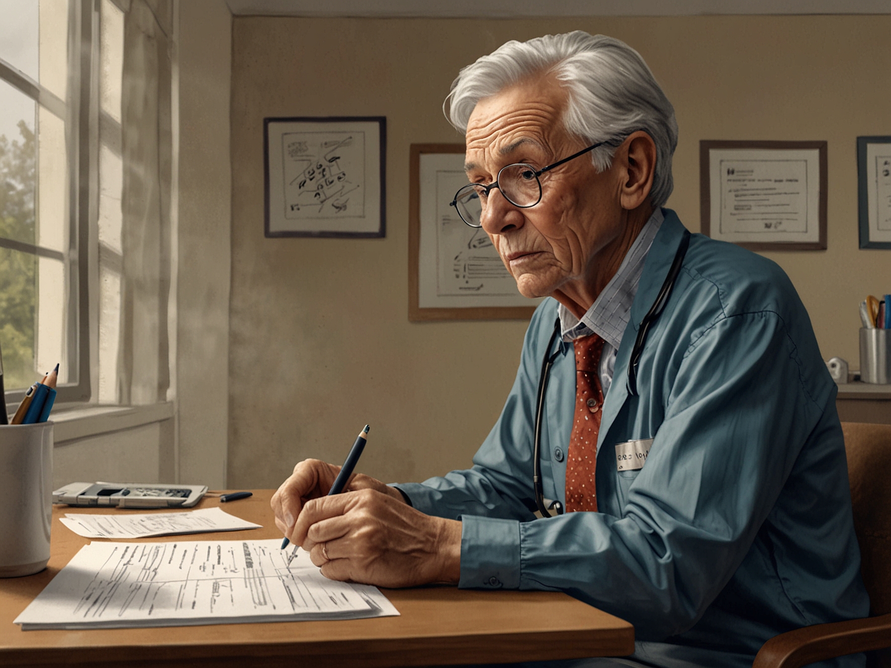 An elderly person sits in a medical office, looking concerned as a doctor reviews medical bills, highlighting the financial struggle families face when securing care for their loved ones.