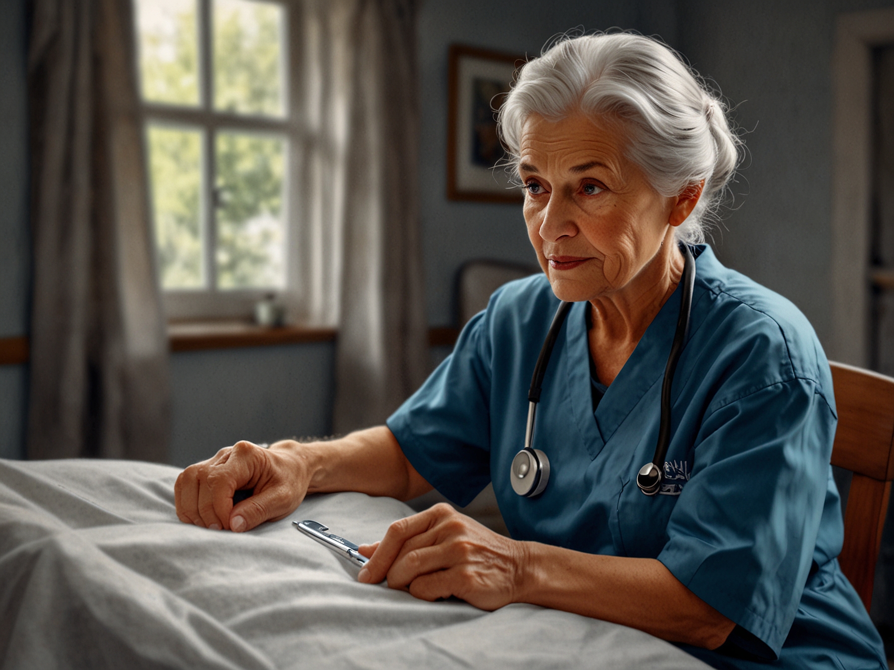 A nurse caring for an elderly patient, symbolizing the need for compassionate and ethical healthcare amidst the rising costs and exploitative practices in elderly medical care.