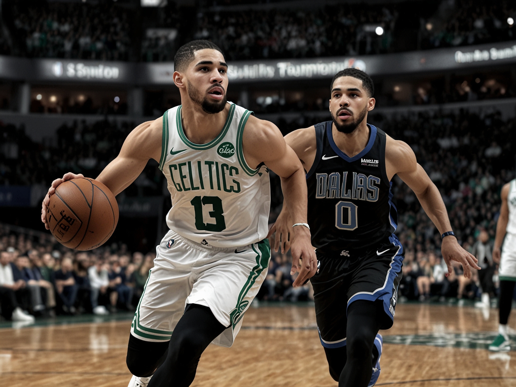 Jayson Tatum drives past a Dallas Mavericks defender, showcasing his leadership and playmaking abilities, pivotal in the Boston Celtics' victory for their 18th NBA championship.
