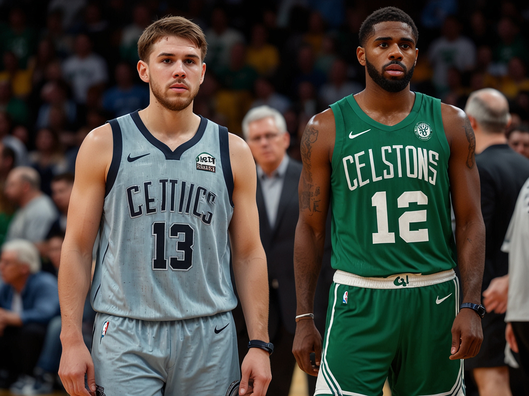 Luka Doncic and Kyrie Irving stand dejected on the court as the Boston Celtics celebrate their 18th NBA championship at the TD Garden, highlighting their struggles in the decisive game.