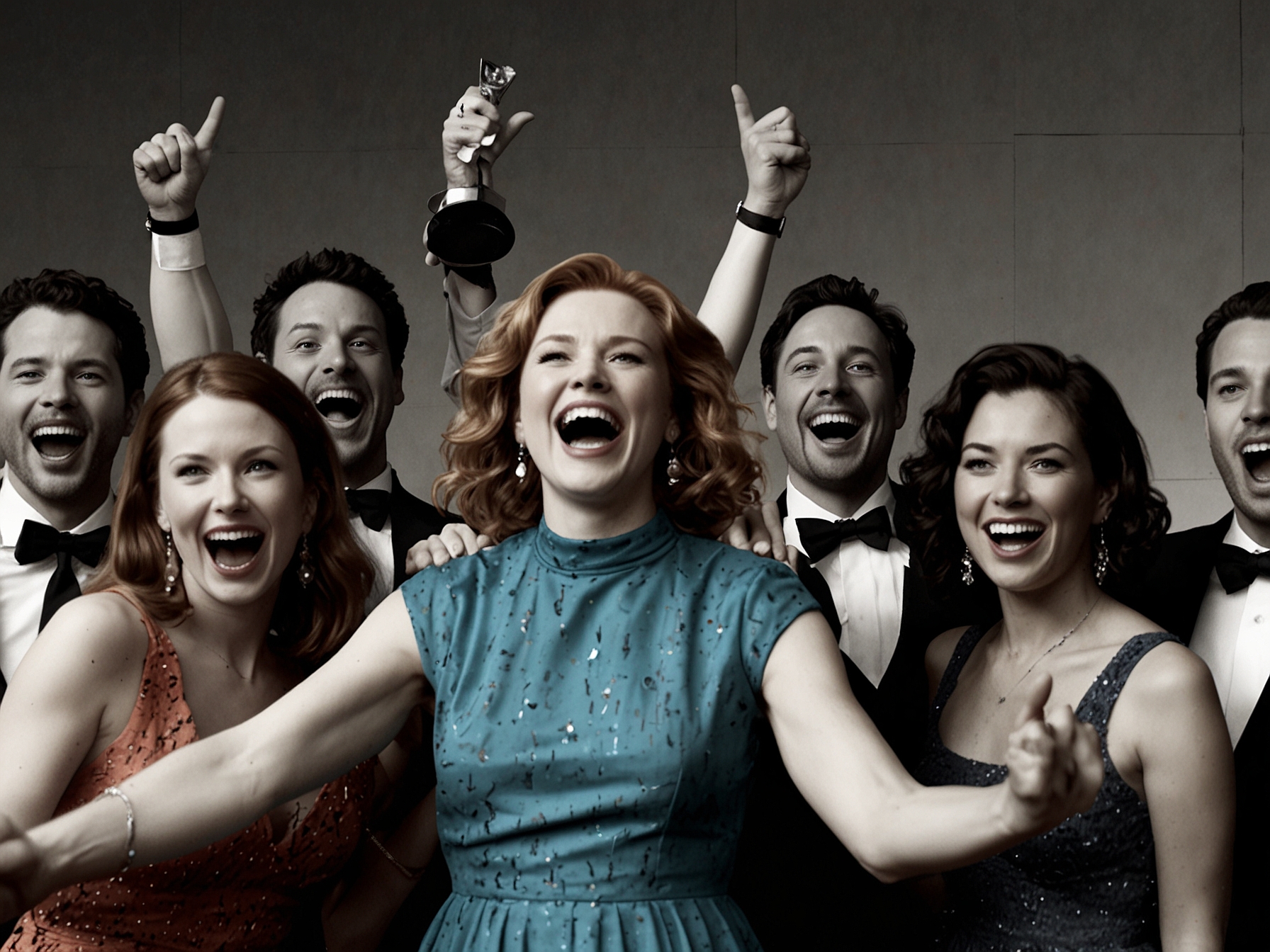 The cast of 'Stereophonic' celebrates on stage after winning the Tony Award for Best New Play, showcasing their elation and camaraderie.