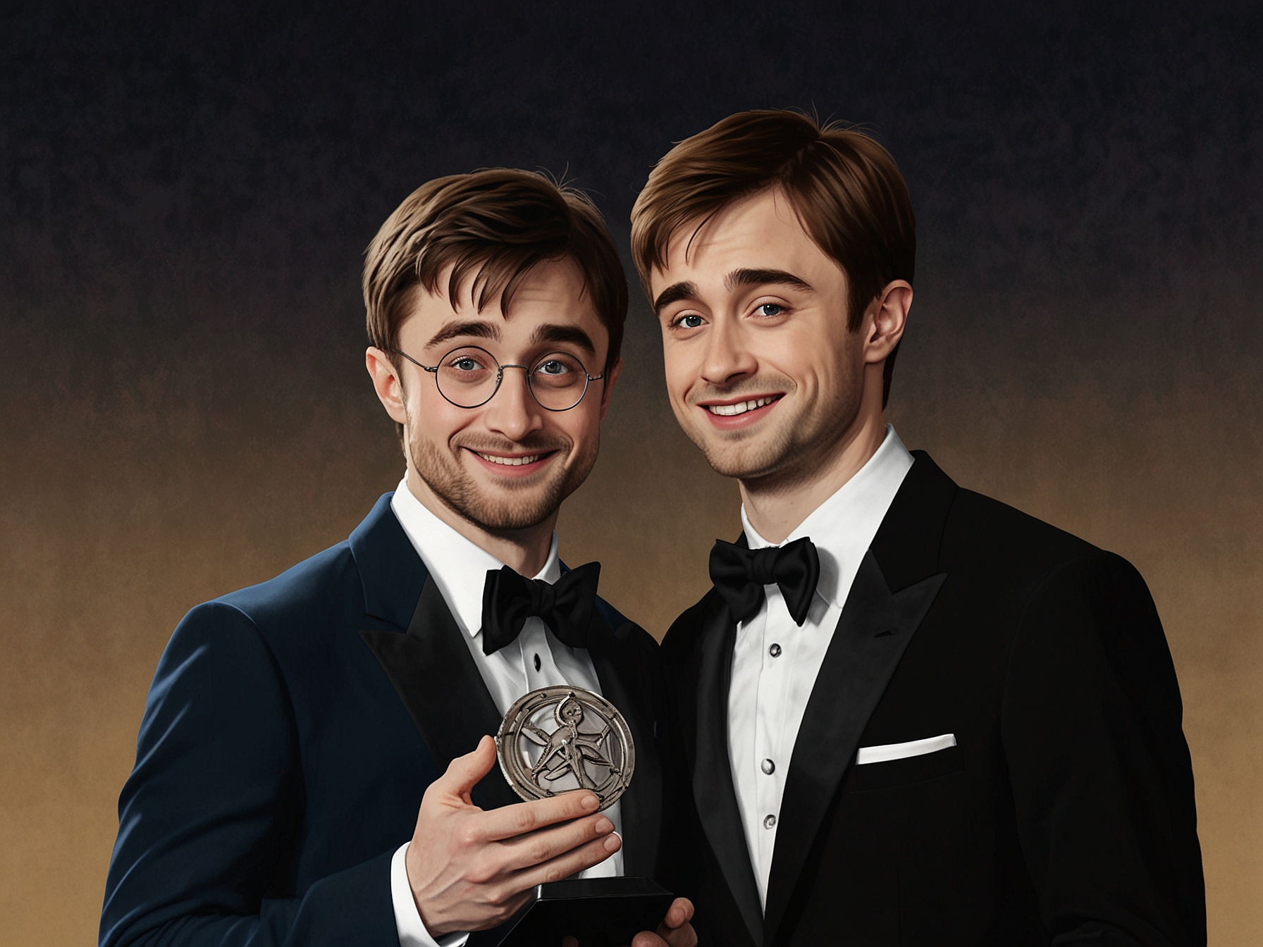 Daniel Radcliffe and Jeremy Strong pose with their Tony Awards, their expressions reflecting pride and joy for their acclaimed performances in 'Stereophonic'.
