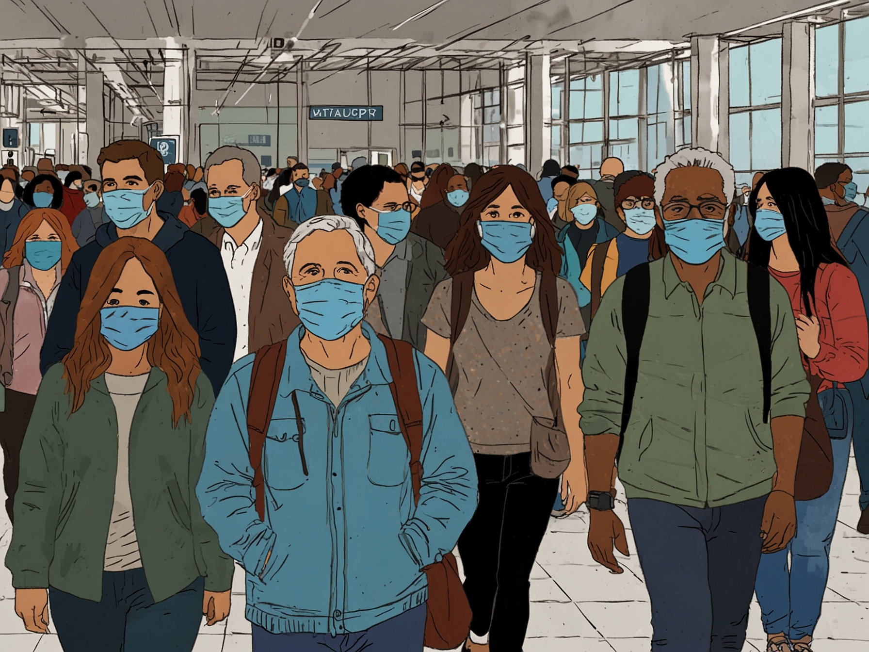 An illustration of tourists entering Seattle with face masks at the airport, highlighting the importance of wearing masks in crowded venues and during travel amid the anticipated COVID-19 surge.