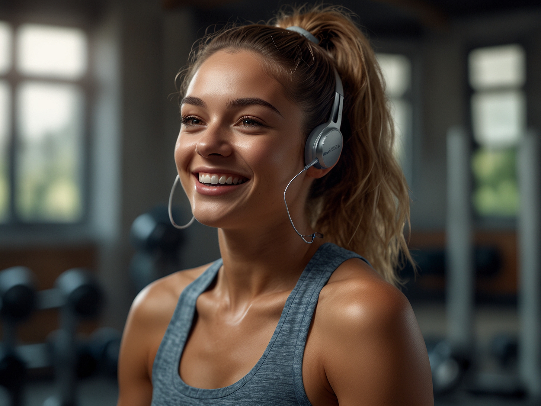 A happy customer using Samsung Galaxy earbuds during a workout session, emphasizing the earbuds' comfortable fit and noise-cancelling feature that enhances focused and uninterrupted listening.