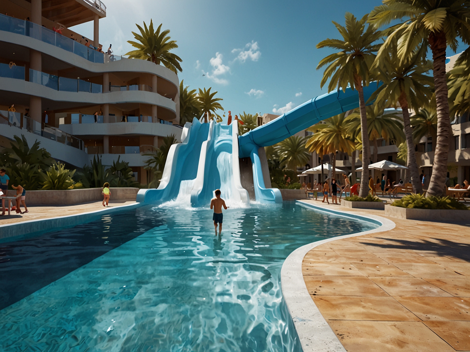 A thrilling water slide at Majorca's largest waterpark hotel, with kids laughing and splashing as they zoom down into the crystal clear pool below.