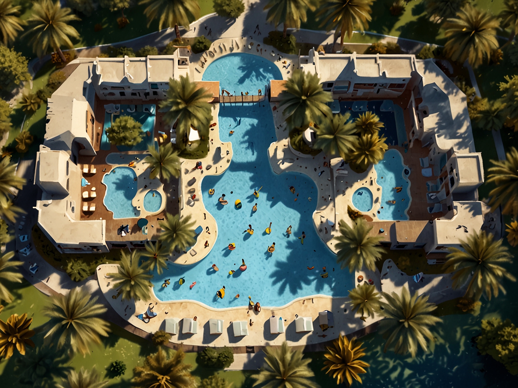 A serene aerial view of the waterpark hotel in Majorca, showcasing the expansive pool area, lazy rivers, and comfortable lounging areas under the bright Mediterranean sun.