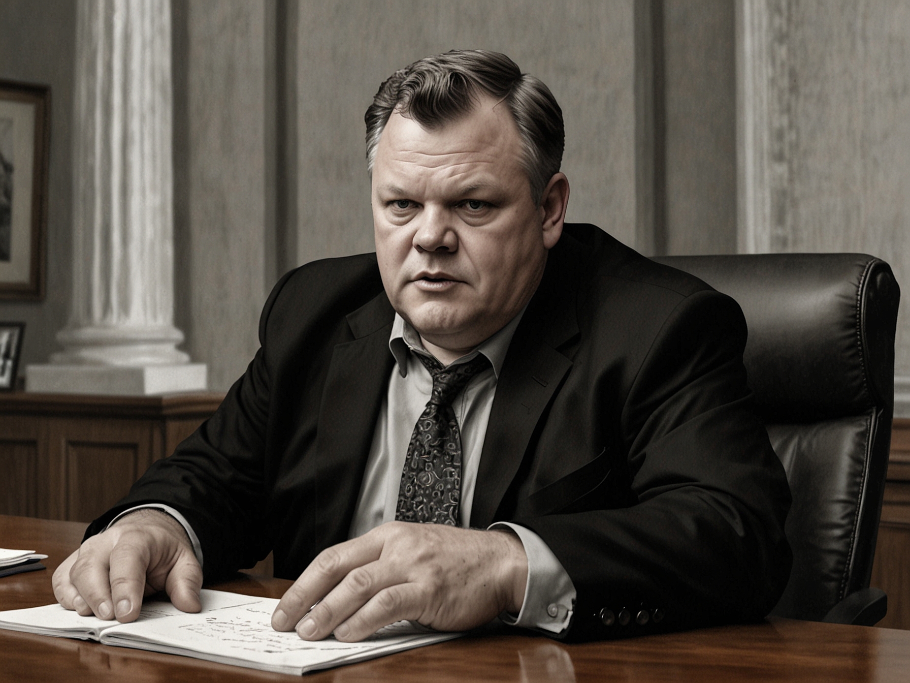 A candid image of Senator Jon Tester responding passionately during an interview, emphasizing the irrelevance of his car choice to his legislative duties and defending his personal preferences.