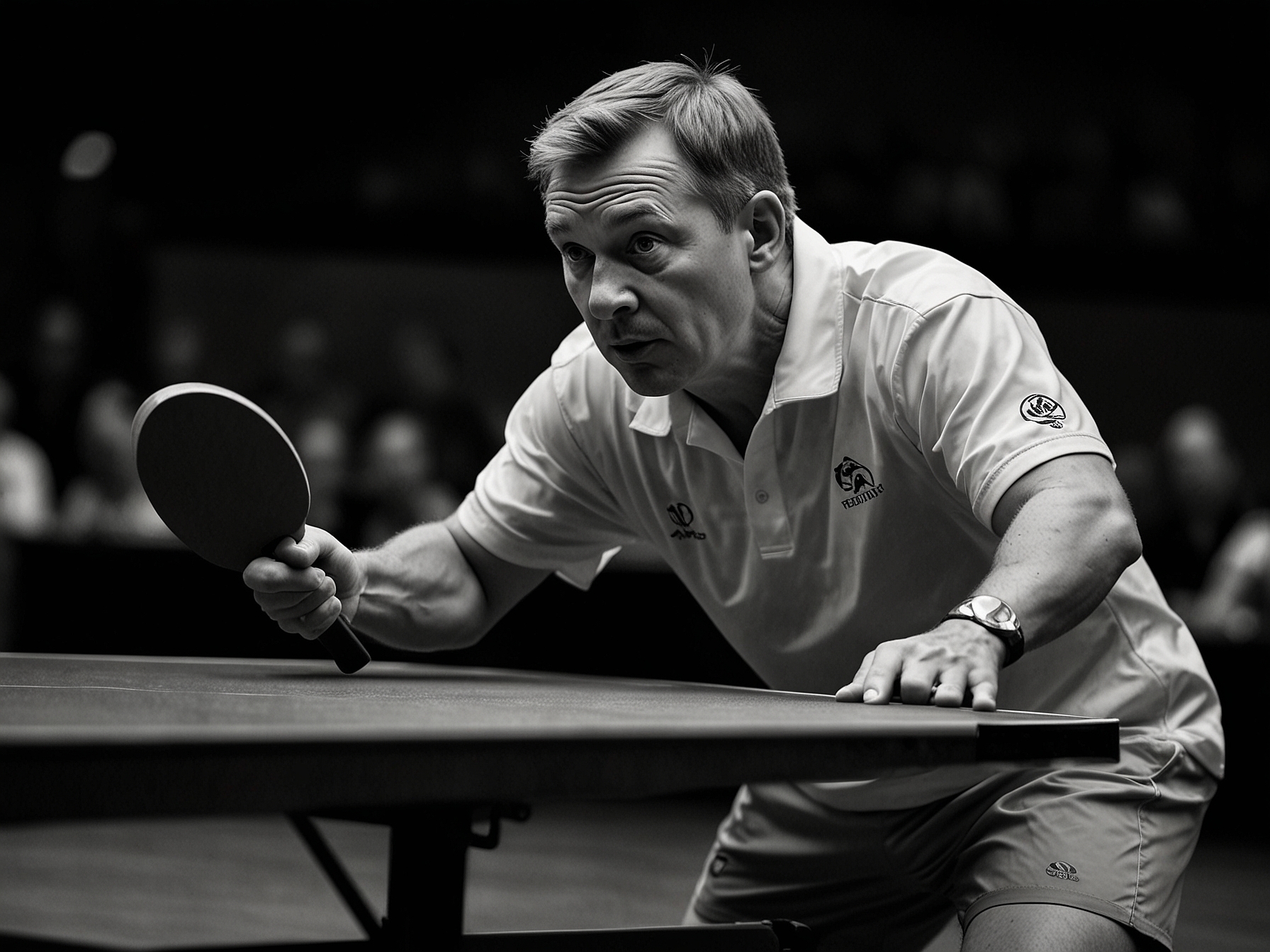 Martin Perry is shown in intense competition mode, demonstrating his powerful shots and strategic thinking during an international para table tennis tournament.