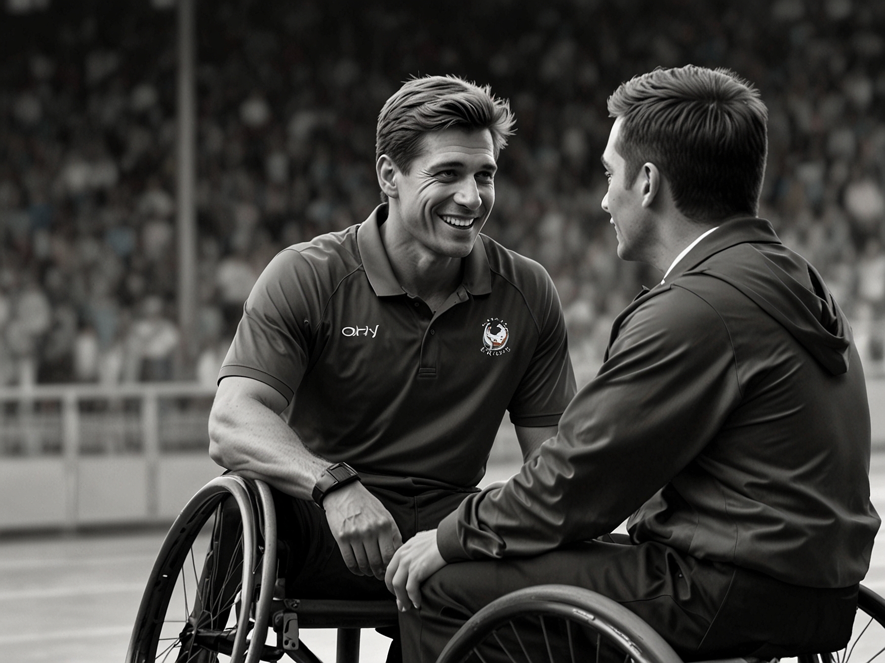 Perry is depicted interacting with young para athletes, inspiring them with his successful journey and promoting inclusivity and awareness in para sports.