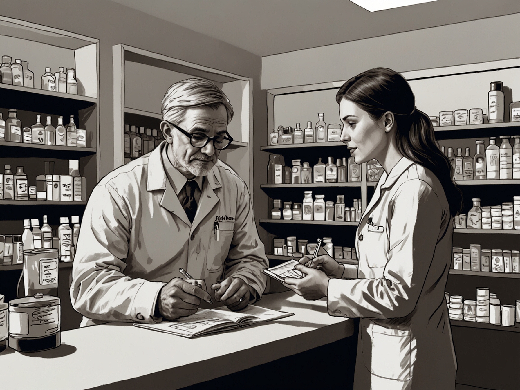 A pharmacist consulting with a patient, highlighting the new role of pharmacists in prescribing medications independently, within a well-equipped pharmacy setting.