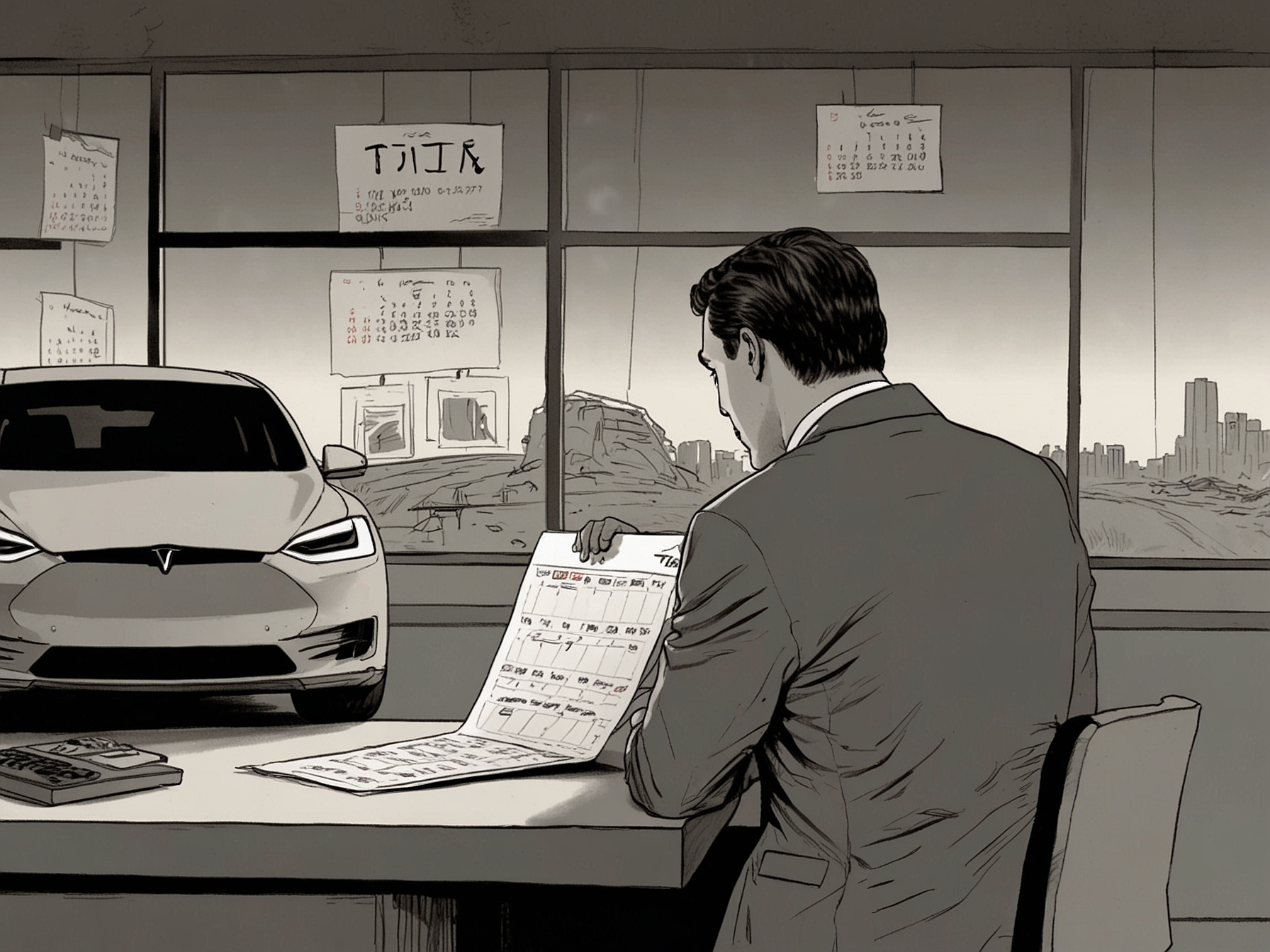 An illustration of an anxious Tesla buyer, looking at a calendar, symbolizing the anticipation and uncertainty among customers awaiting the delayed Cybertruck deliveries.