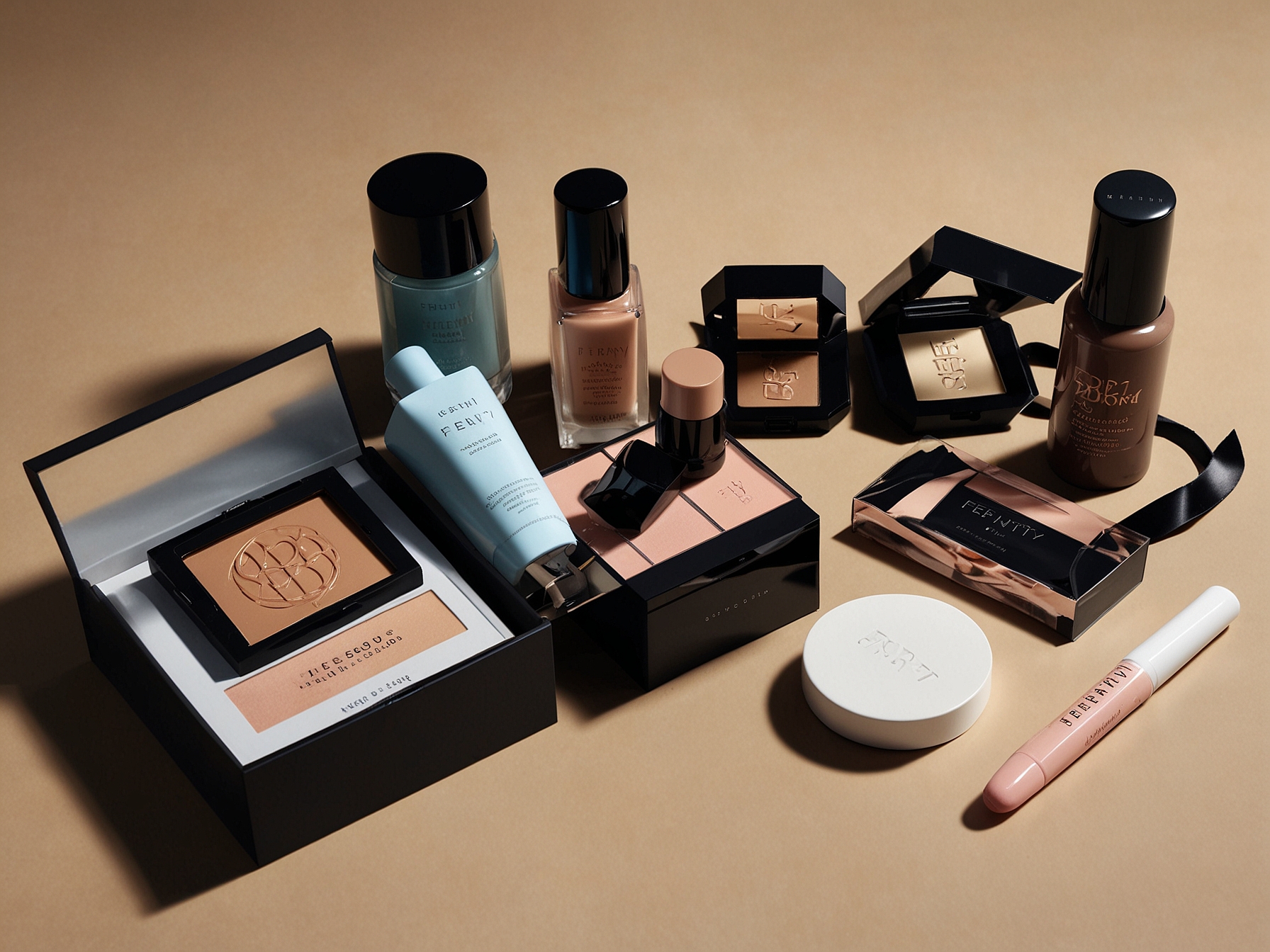 A beautifully arranged flat lay of the Boots beauty box contents, showcasing products from Fenty, r.e.m, and Bobbi Brown, along with additional skincare treasures. Perfect for beauty enthusiasts.