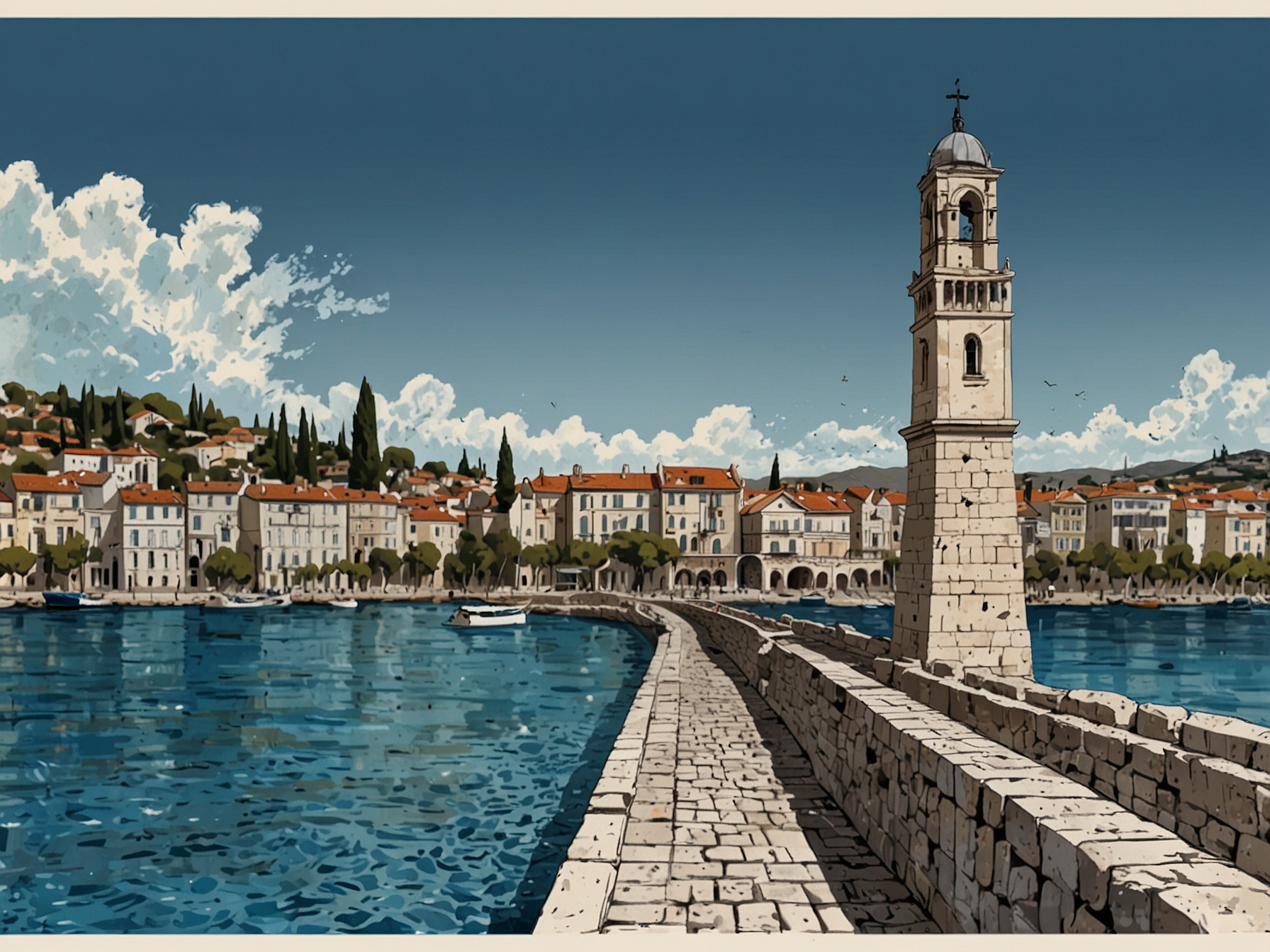 A panoramic view of the Dalmatian Coast in Croatia, showcasing its beautiful beach, shimmering blue waters, and the historic town of Split with its ancient ruins and vibrant atmosphere.