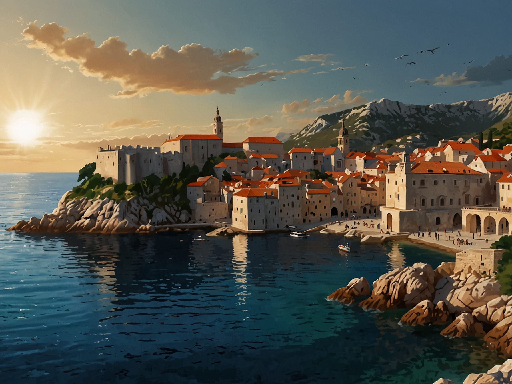 The breathtakingly preserved old town of Dubrovnik at sunset, with its medieval architecture, fortified walls, and terracotta rooftops set against the deep blue waters of the Adriatic Sea.
