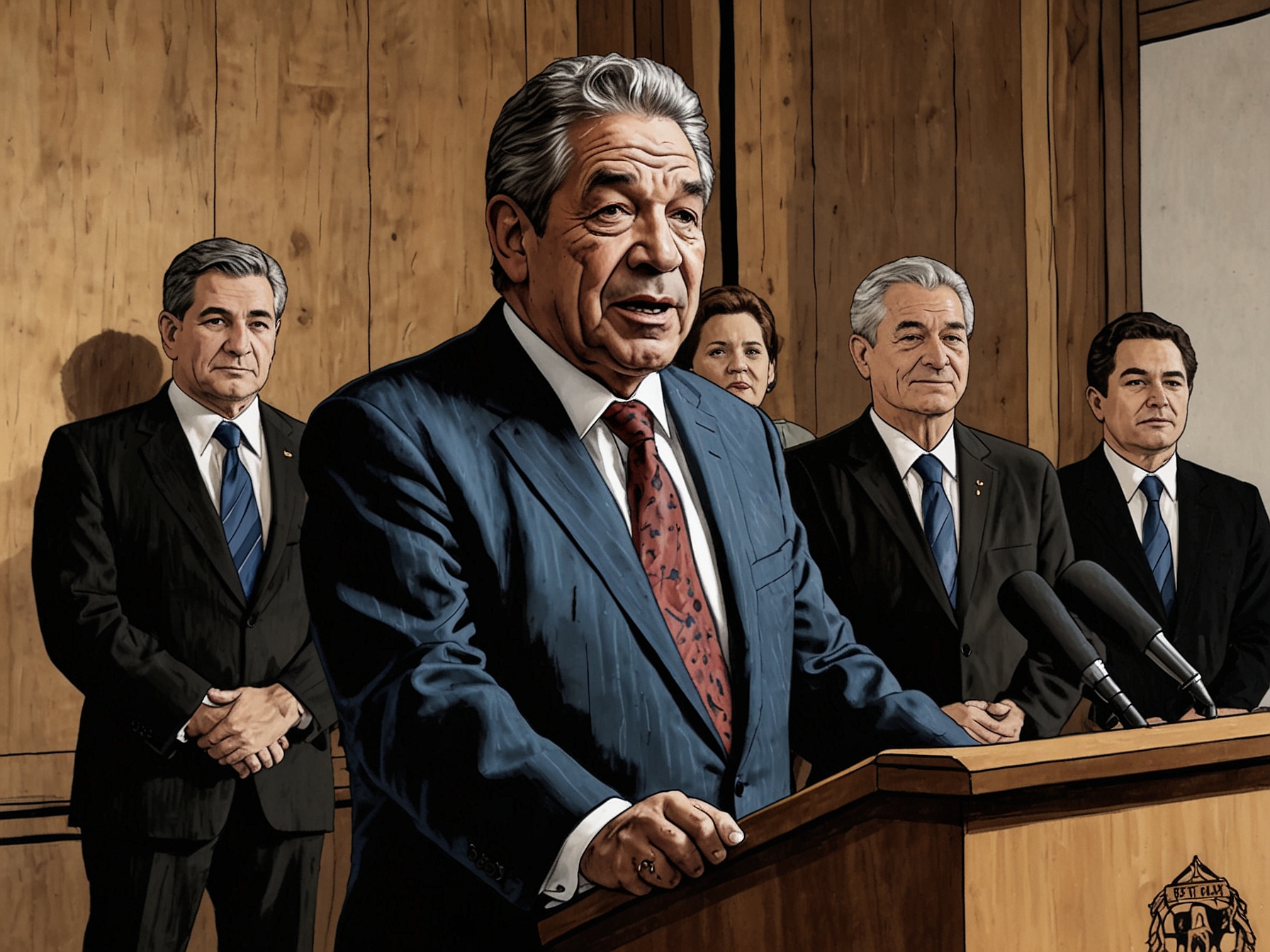 Winston Peters stands confidently behind a podium, addressing the media at the post-Cabinet press conference. His composed demeanor and articulate presentation underscore his leadership skills.