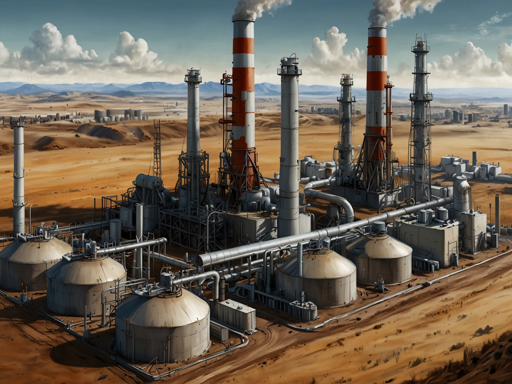 An illustration showing a carbon capture and storage (CCS) facility next to an oilfield, highlighting the process of capturing CO2 emissions and injecting them underground to rejuvenate depleted oil reservoirs.