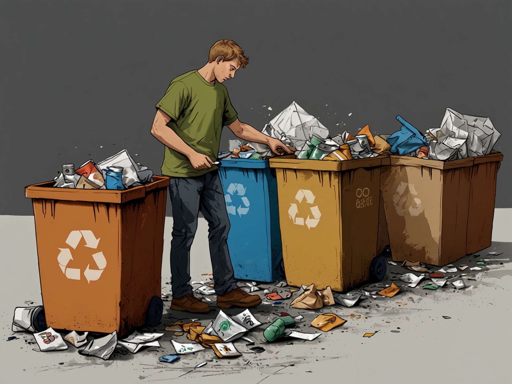 An illustration showing a person sorting recyclable materials properly, with bins for various categories like plastic, glass, and paper, highlighting proper recycling habits to prevent contamination.