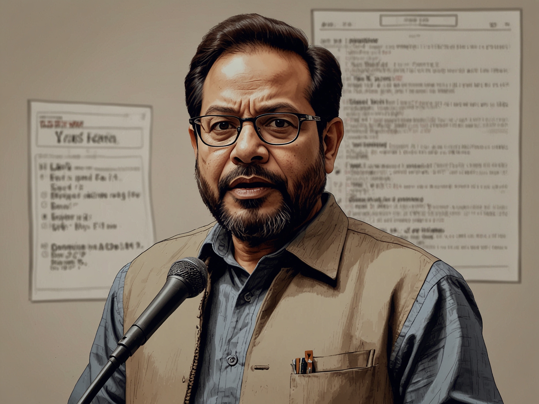 Mukhtar Abbas Naqvi addressing the media with a stern expression, denouncing Elon Musk's claims of EVM hacking as an international conspiracy against India's democracy.