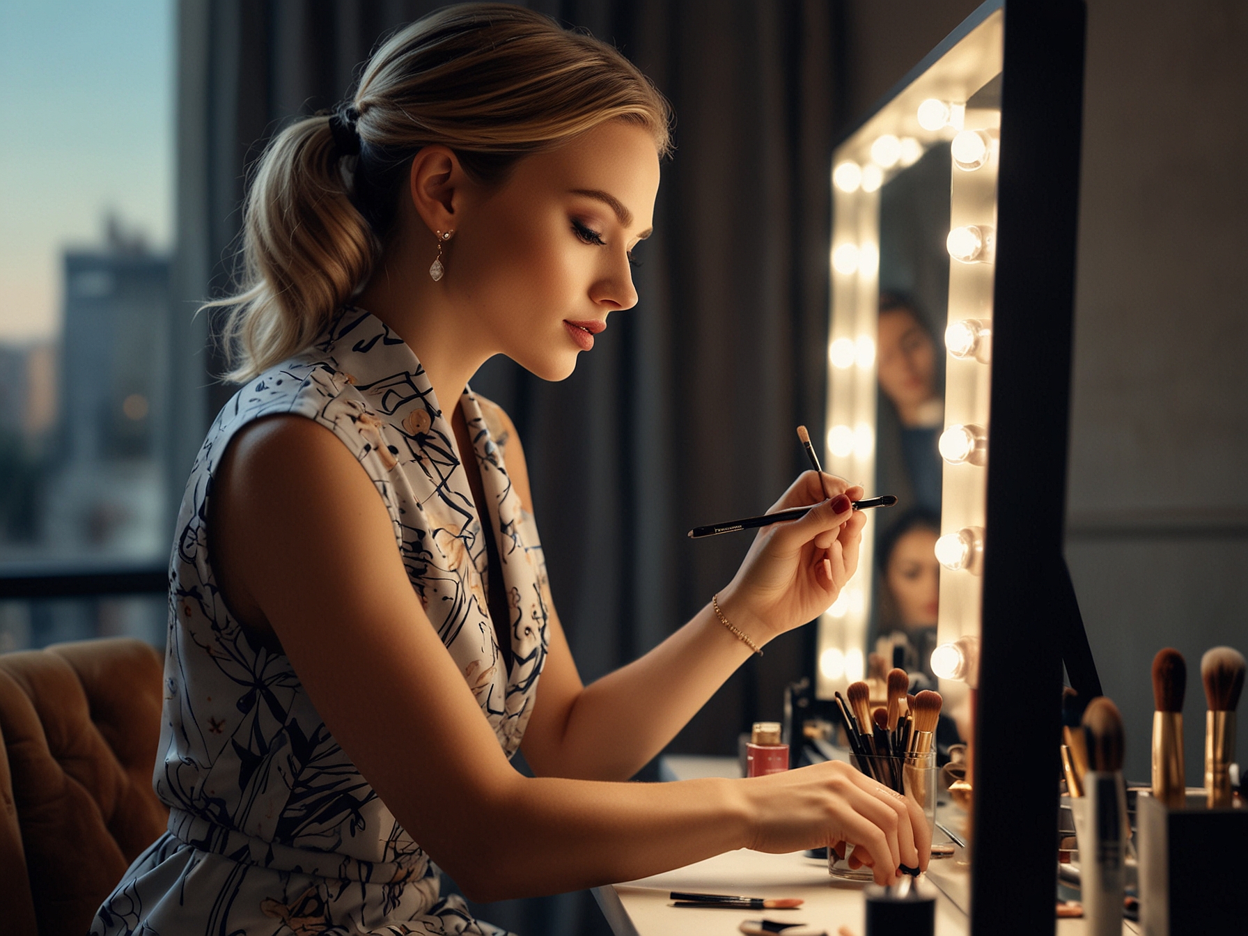 Aoife McGregor, in a stylish designer outfit, expertly applying makeup to a model, illustrating her professional skills and glamorous lifestyle.