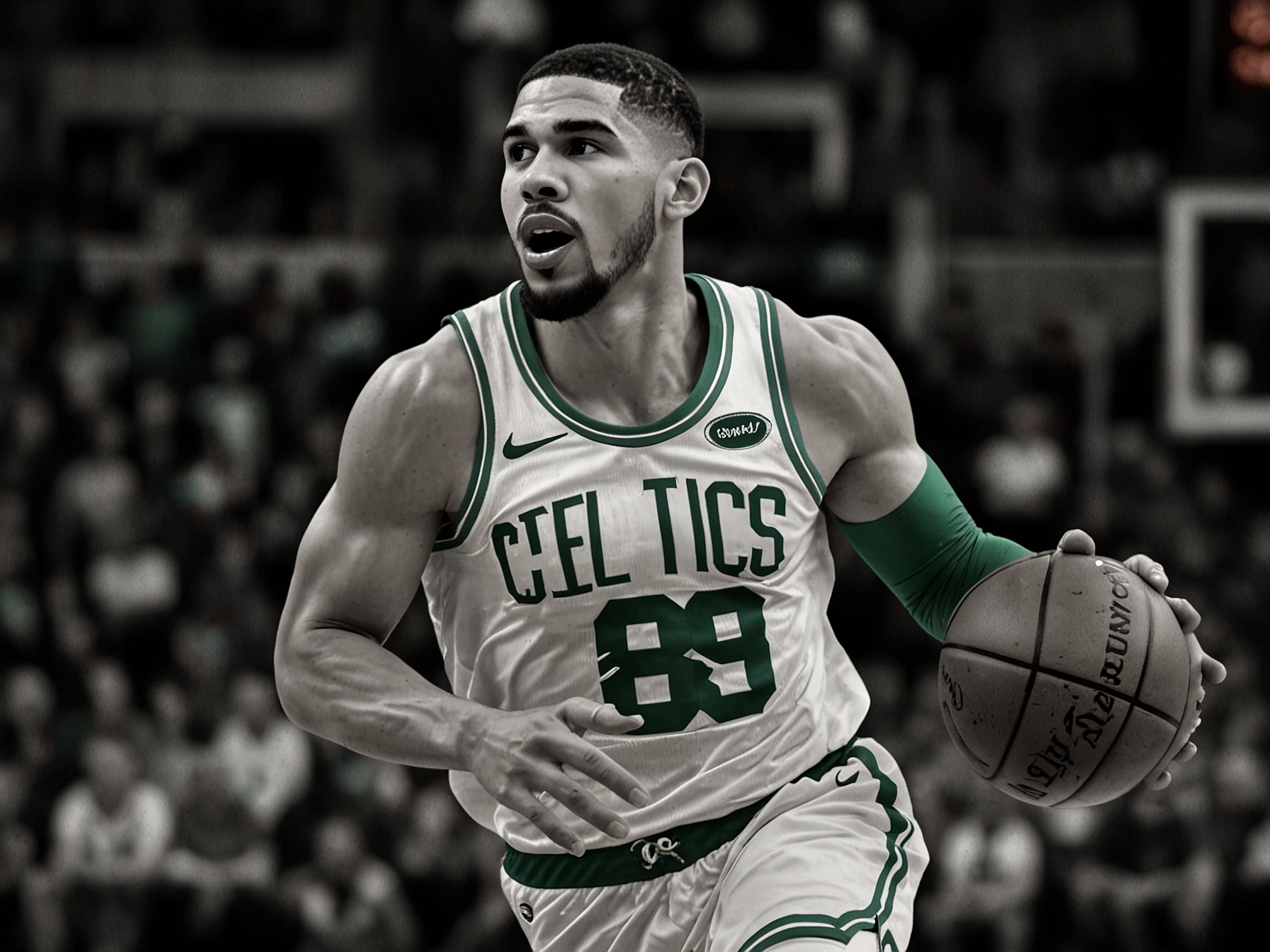 Jayson Tatum drives towards the basket with determination, showcasing his scoring and playmaking abilities that led to his standout performance in the Celtics' Game 5 victory.