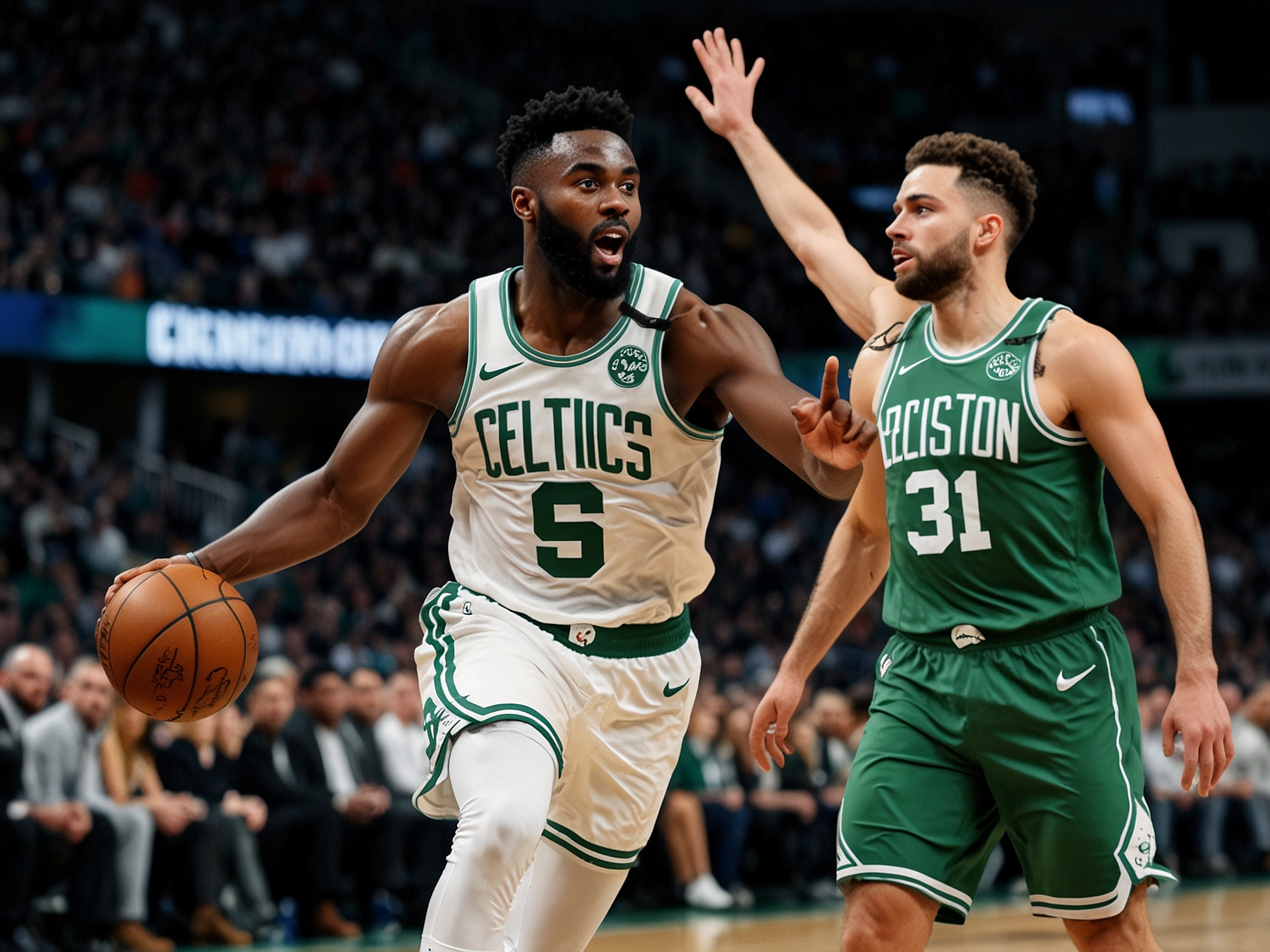 Jaylen Brown, named Finals MVP, leaps to make a crucial play. His 21 points and defensive efforts were key in securing the Celtics' 18th championship title against the Mavericks.