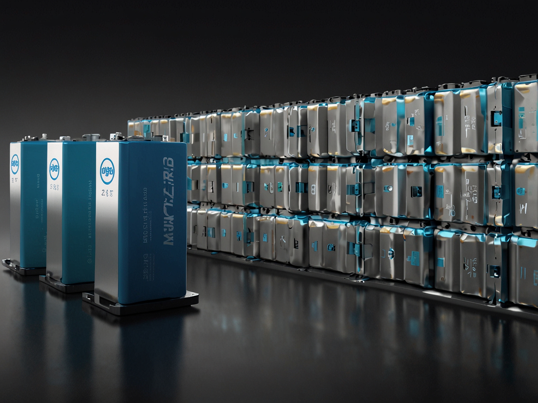 An array of cutting-edge EV batteries, including BYD's Blade Battery and NIO's swappable batteries, illustrating China's advances in battery technology and innovation.