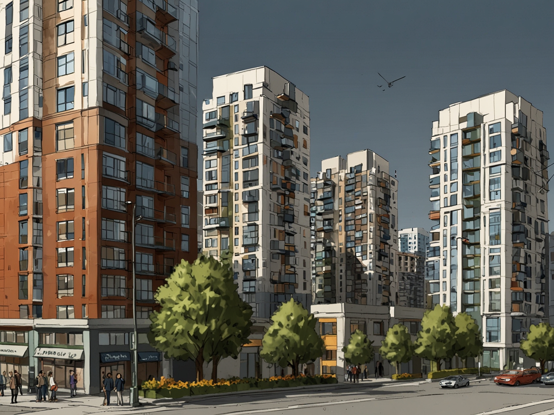 A cityscape showcasing modern apartment buildings, representing the quality properties and strategic acquisitions that contribute to Killam Apartment REIT's strong performance and investor returns.
