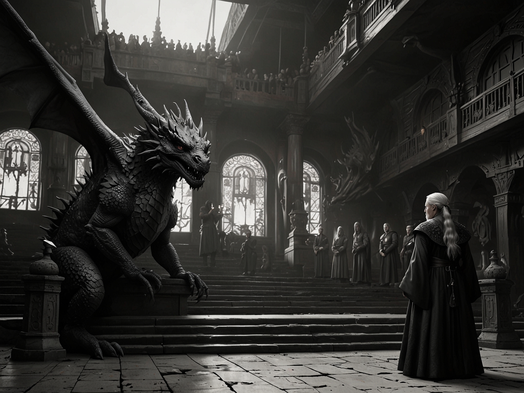 An alluring scene from 'House Of The Dragon,' showcasing the elaborate set designs and majestic dragons, capturing the intricate political drama and high stakes of the Targaryen civil war.