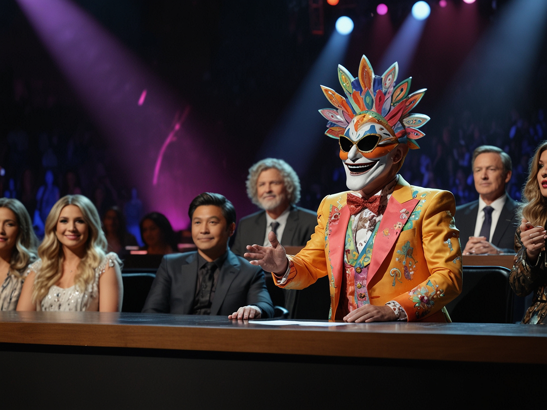 A colorful and intriguing still from 'The Masked Singer US' featuring a celebrity in an elaborate costume performing on stage, with the judges panel trying to guess their identity.