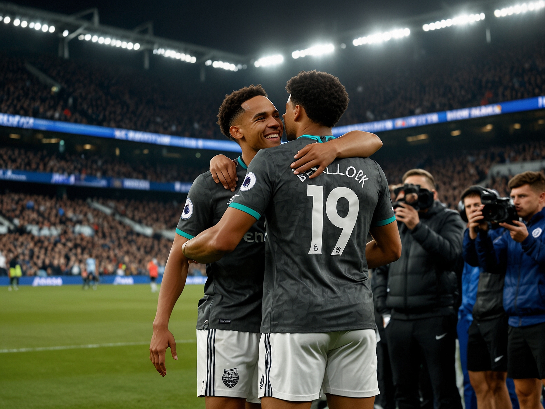 Jude Bellingham and Trent Alexander-Arnold performing the 'wolf' celebration on the field, symbolizing the unity and strength of their team, with teammates and fans cheering them on.