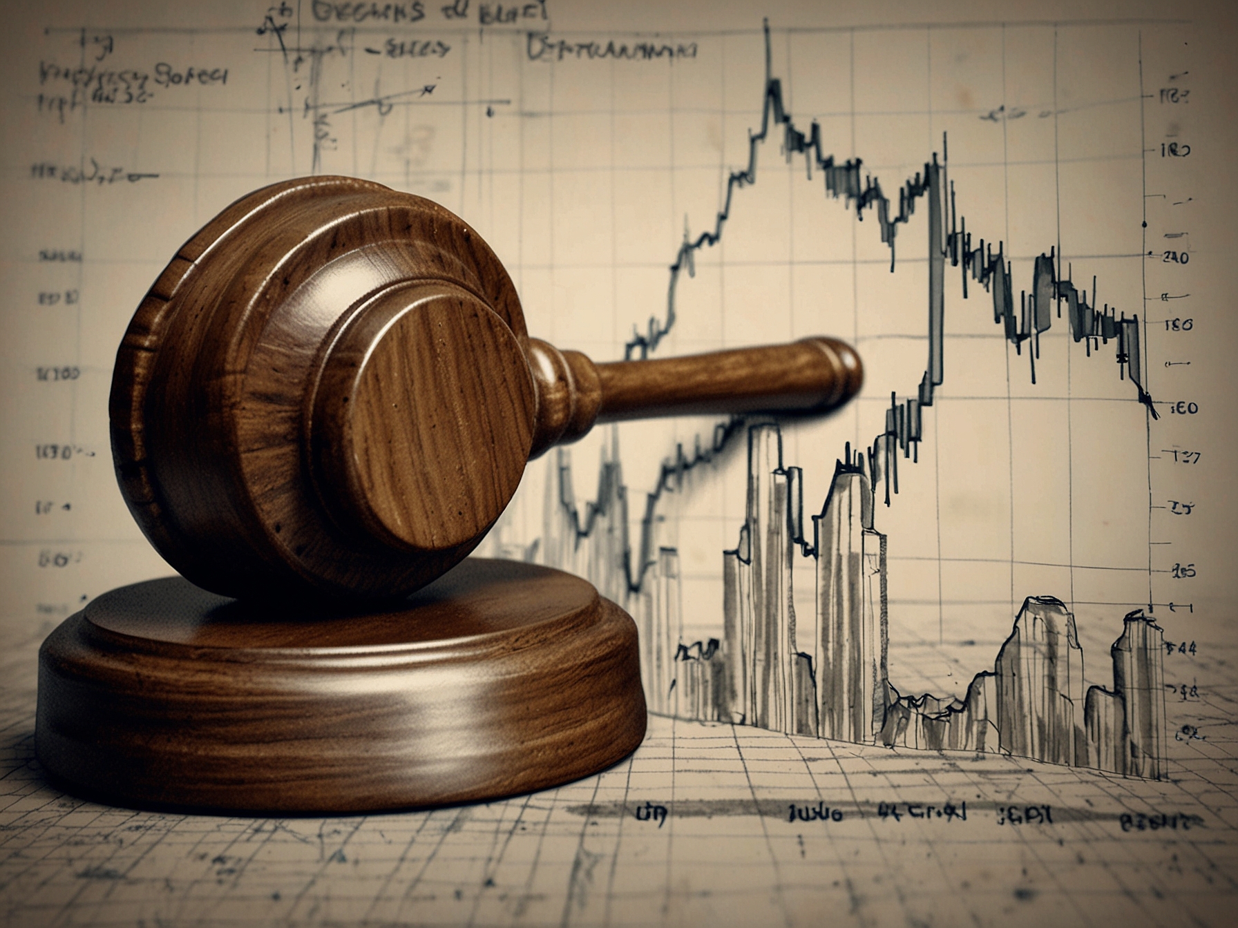 Illustration of a judge's gavel alongside a graph depicting a significant drop in stock prices, representing the legal action against Talis Biomedical Corporation for securities fraud.