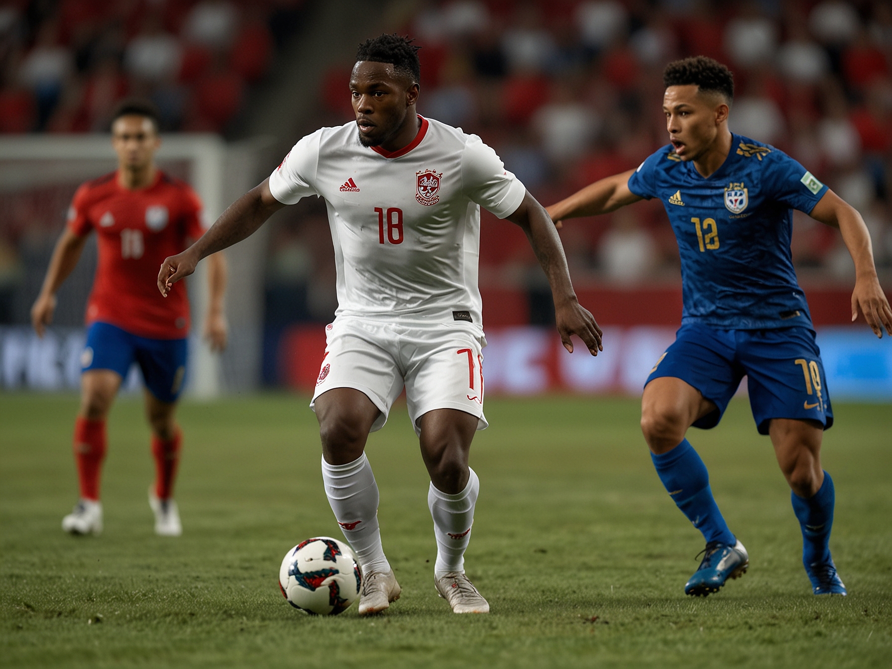 Tajon Buchanan dribbling past defenders during a high-stakes match, showcasing his agility and speed which are pivotal for Canada's performance in the Copa America.