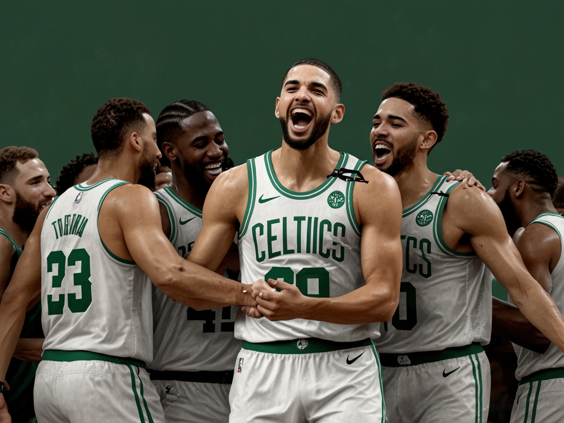 Jayson Tatum celebrates with teammates after leading the Boston Celtics to victory in Game 5 of the NBA Finals, solidifying their championship win over the Dallas Mavericks.