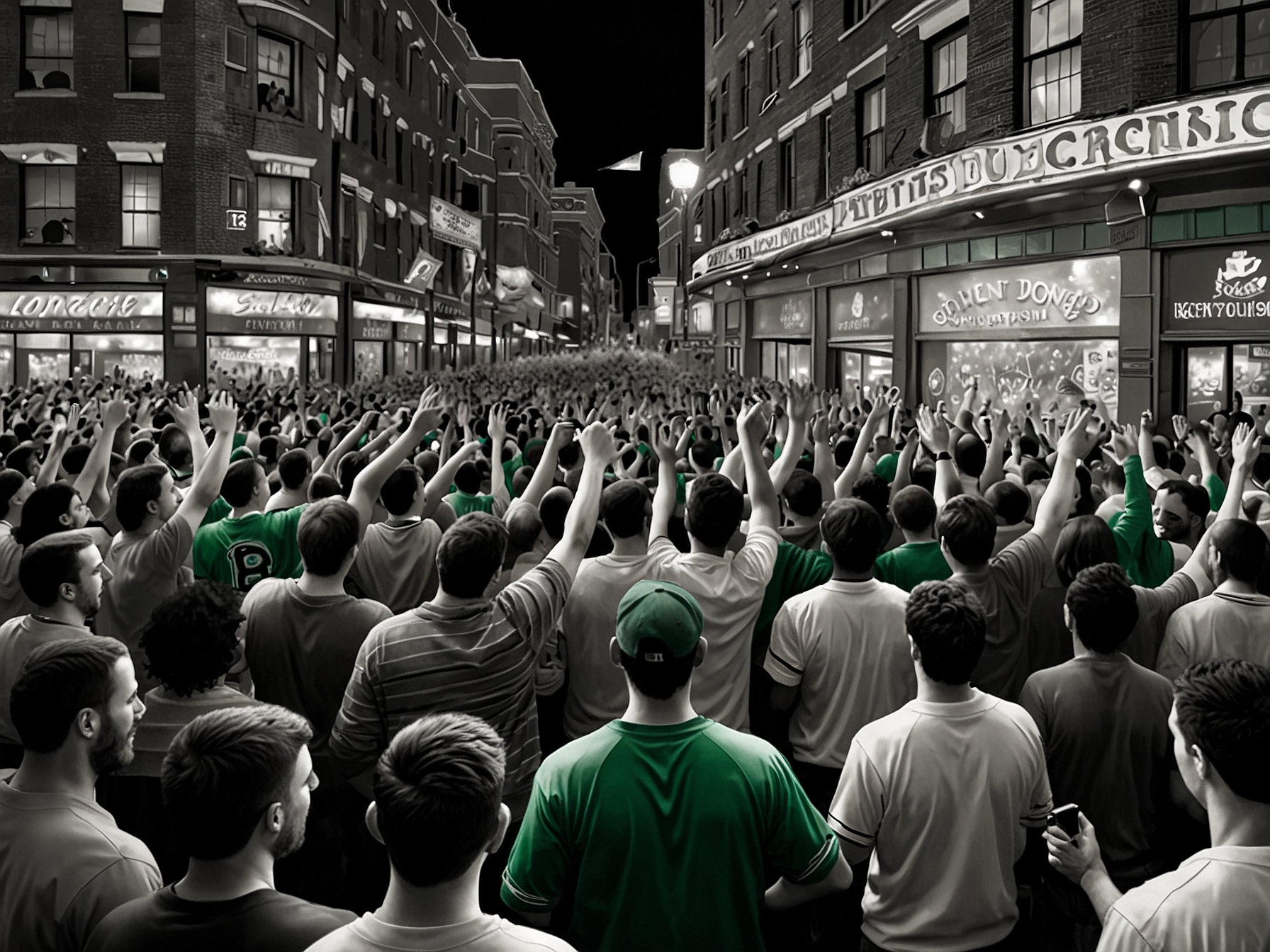 Crowds at the TD Garden and along the streets of Boston celebrate the Celtics' NBA championship victory, reveling in the team's successful season and long-awaited triumph.